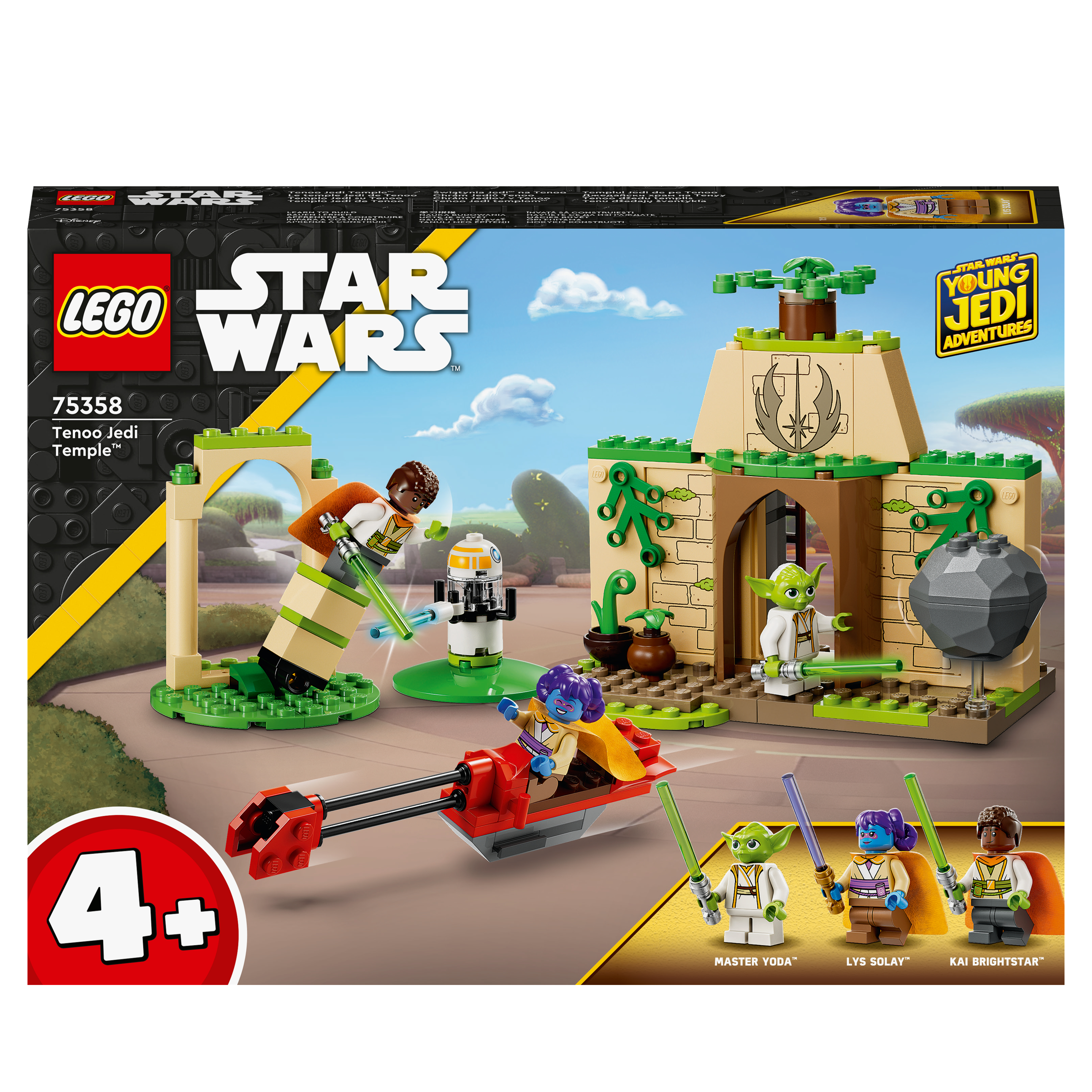 Lego Star Wars Set mit Yoda und anderen Charakteren. Die Szene spielt in einem Tempel.