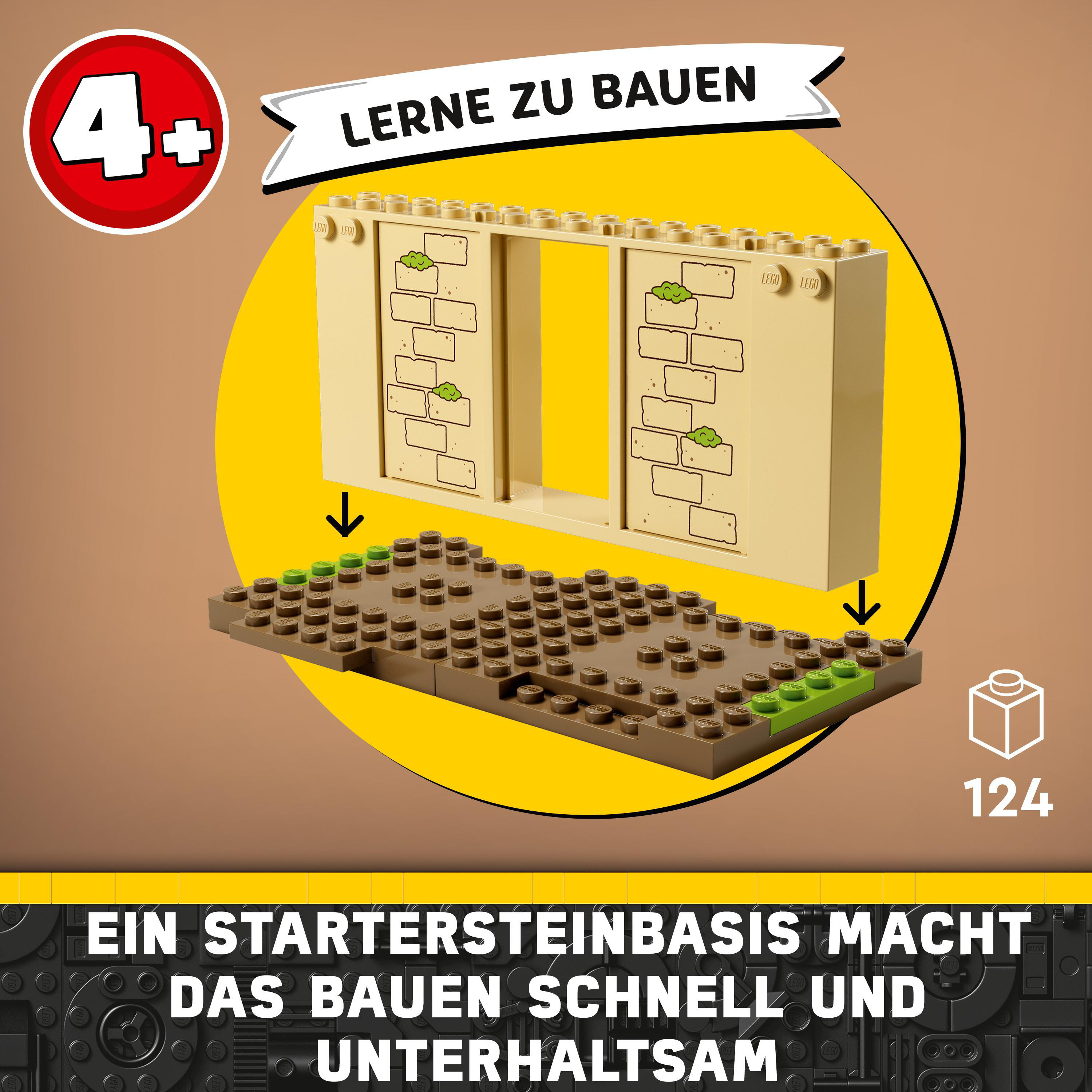 Lego-Set: Wandteile mit grünen Details auf brauner Basis, 124 Teile.