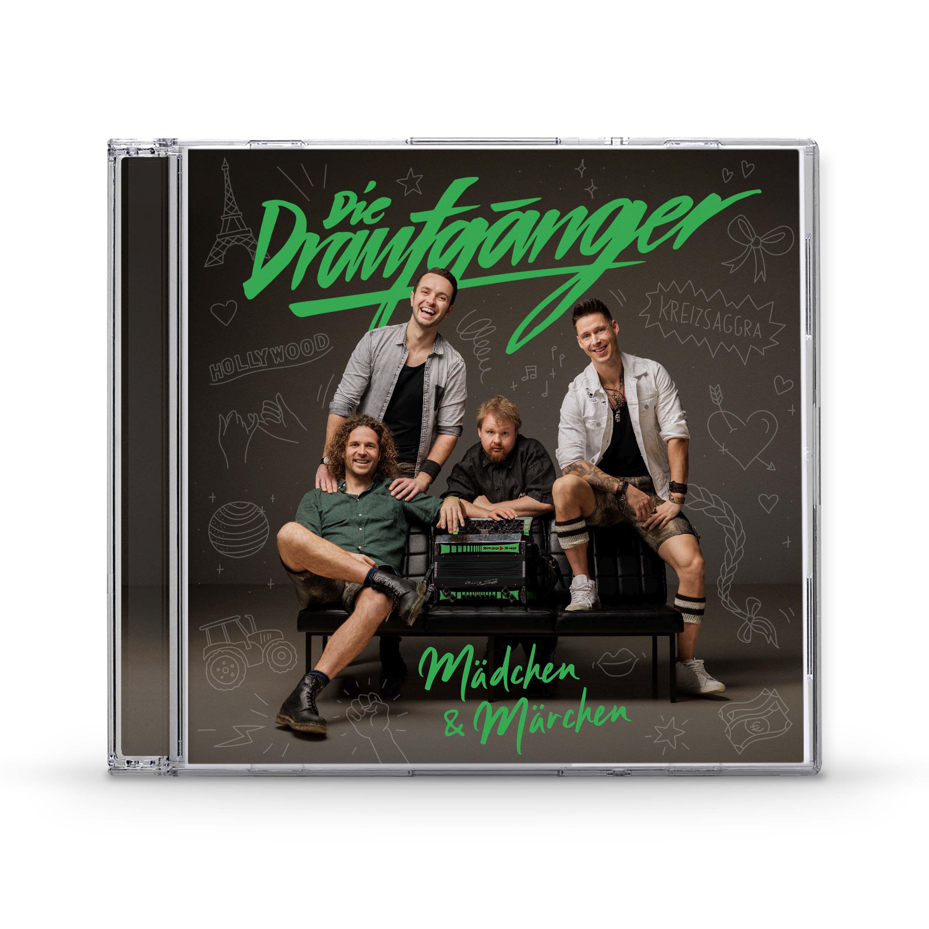CD-Cover von Die Draufgänger, Band mit vier Männern. Grüner Text. Hintergrund ist eine Tafel mit Zeichnungen.