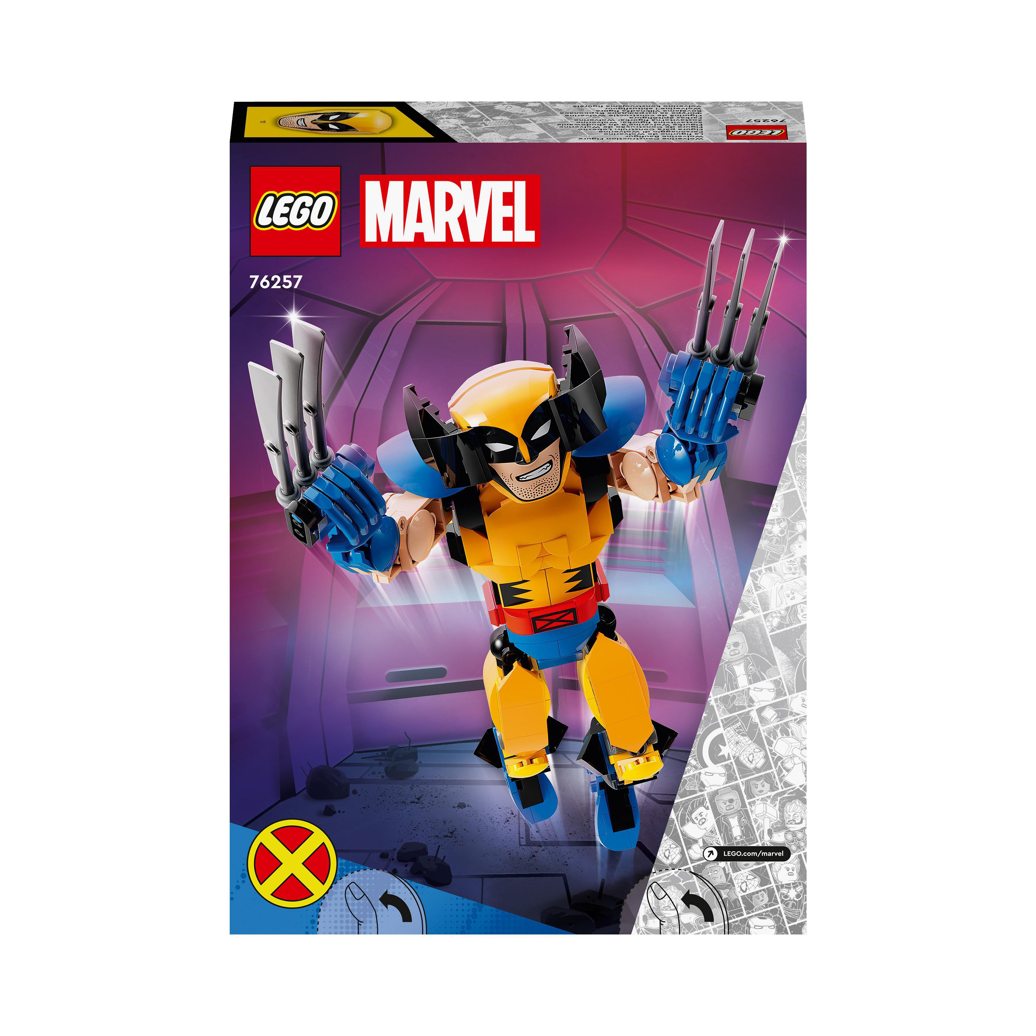 LEGO Marvel Wolverine Set Box. Wolverine Figur mit Krallen und dem Marvel-Logo.