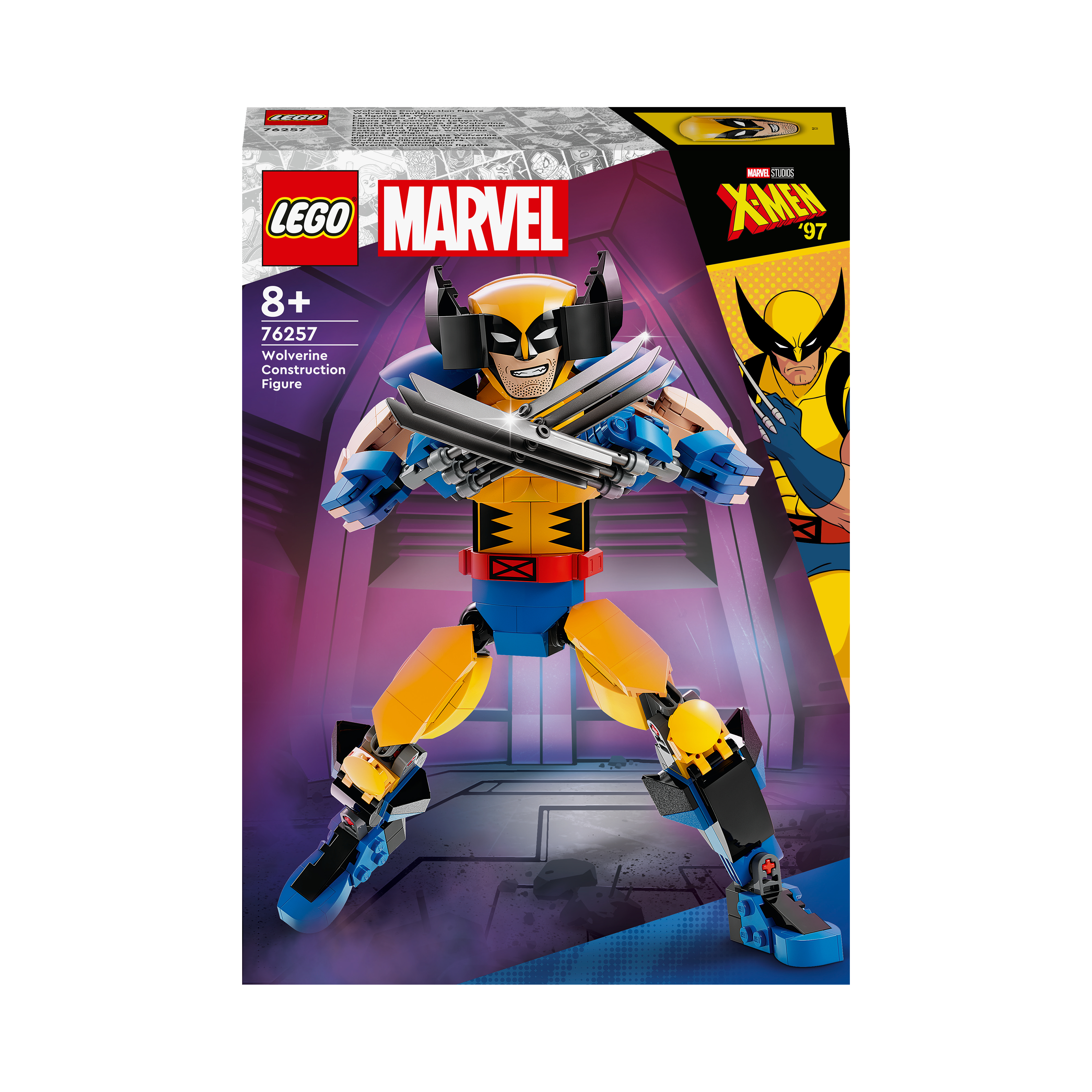 LEGO Marvel Wolverine Figur, gelb und blau, in einer Box.