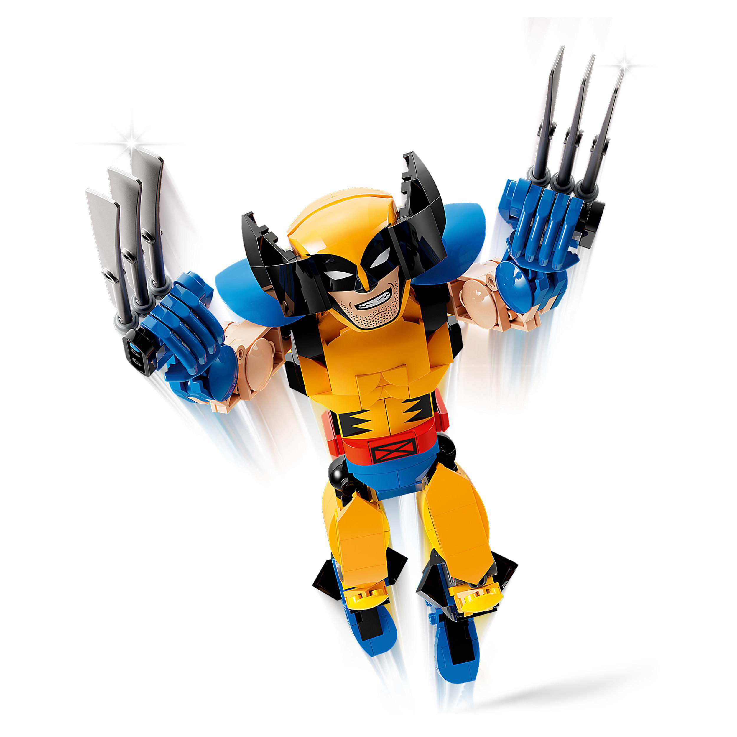 Wolverine-Lego-Figur mit ausgestreckten Krallen, in dynamischer Pose, auf weißem Hintergrund.