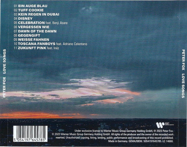 CD-Cover mit Songtiteln und Credits, das einen Sonnenuntergang und einen bewölkten Himmel zeigt.
