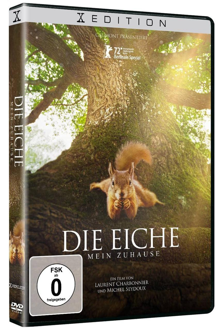 DVD-Cover für 'Die Eiche - Mein Zuhause' mit einem Eichhörnchen, einem Baum und einer Waldszene.