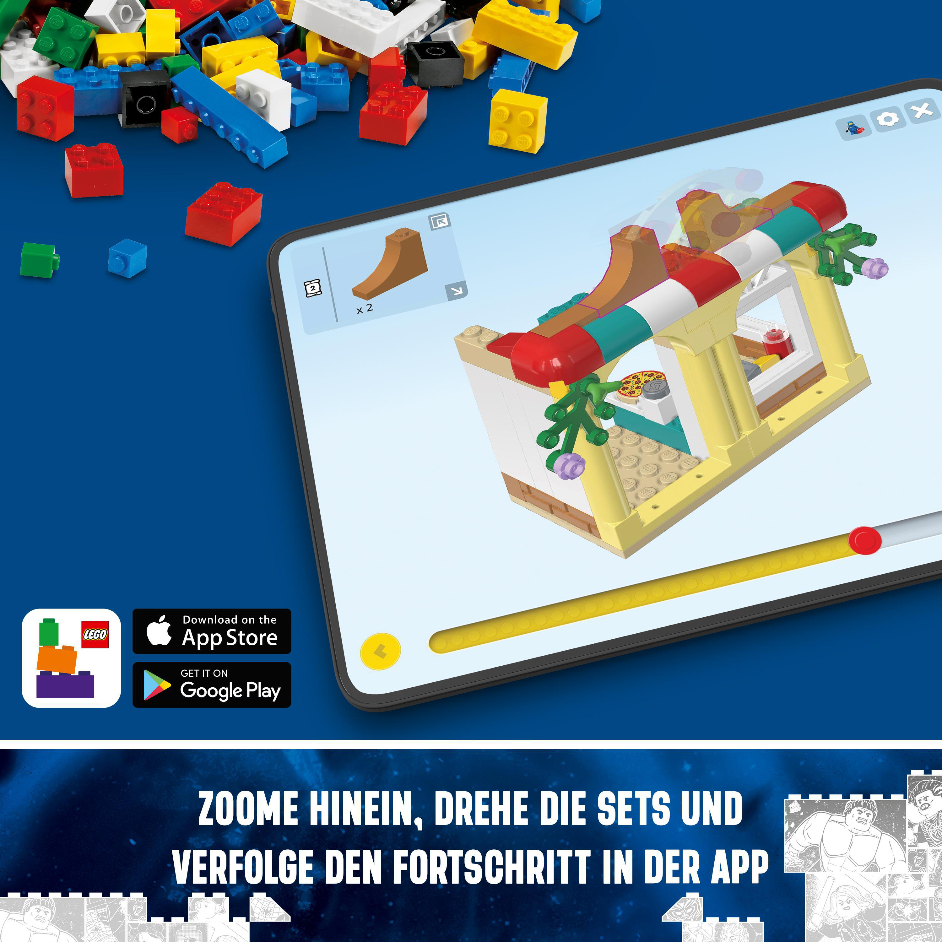 Lego-Bauanleitung auf Tablet mit App-Symbolen und einem Lego-Set im Aufbau.