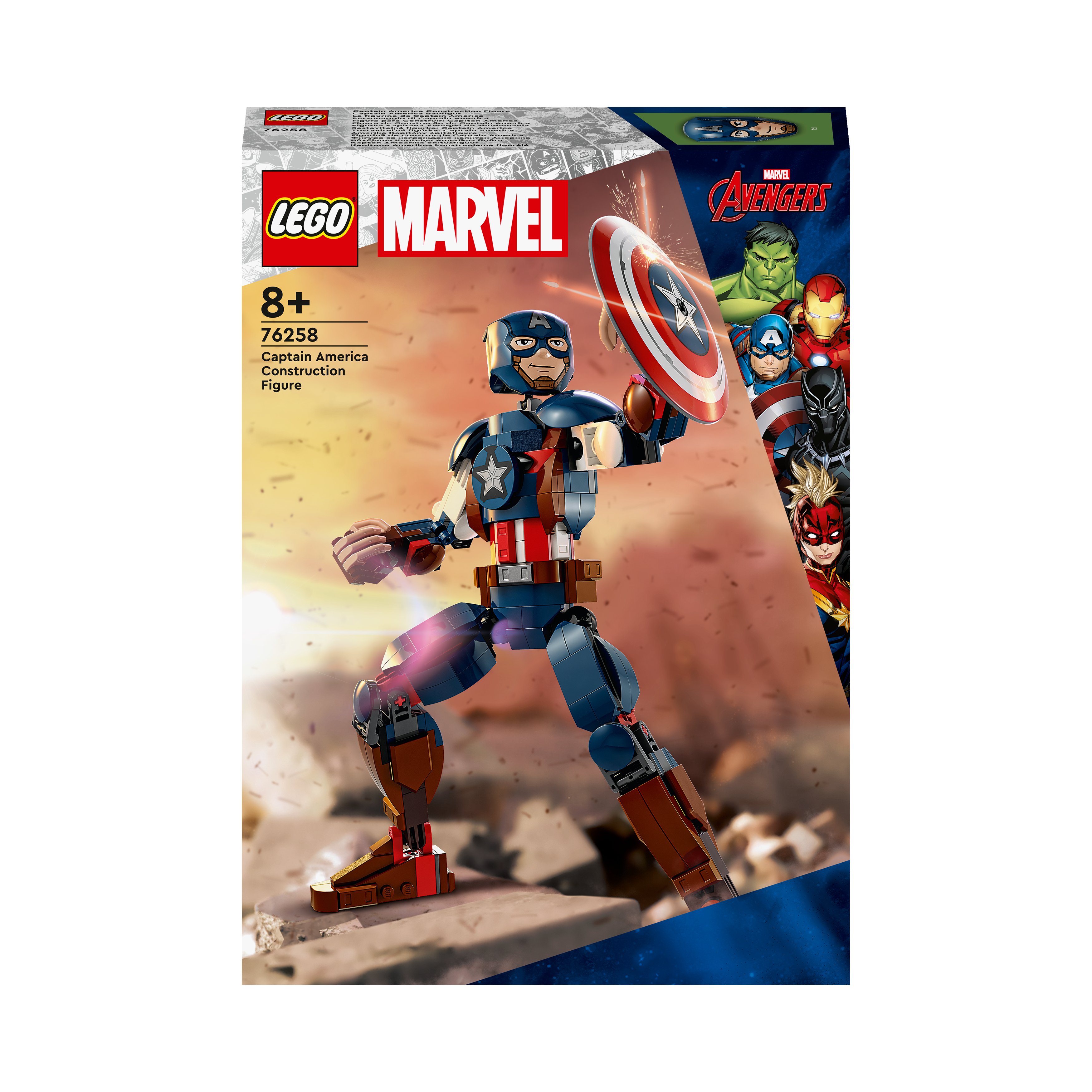Lego Captain America Konstruktionsfigur auf einer Box mit Marvel Avengers.