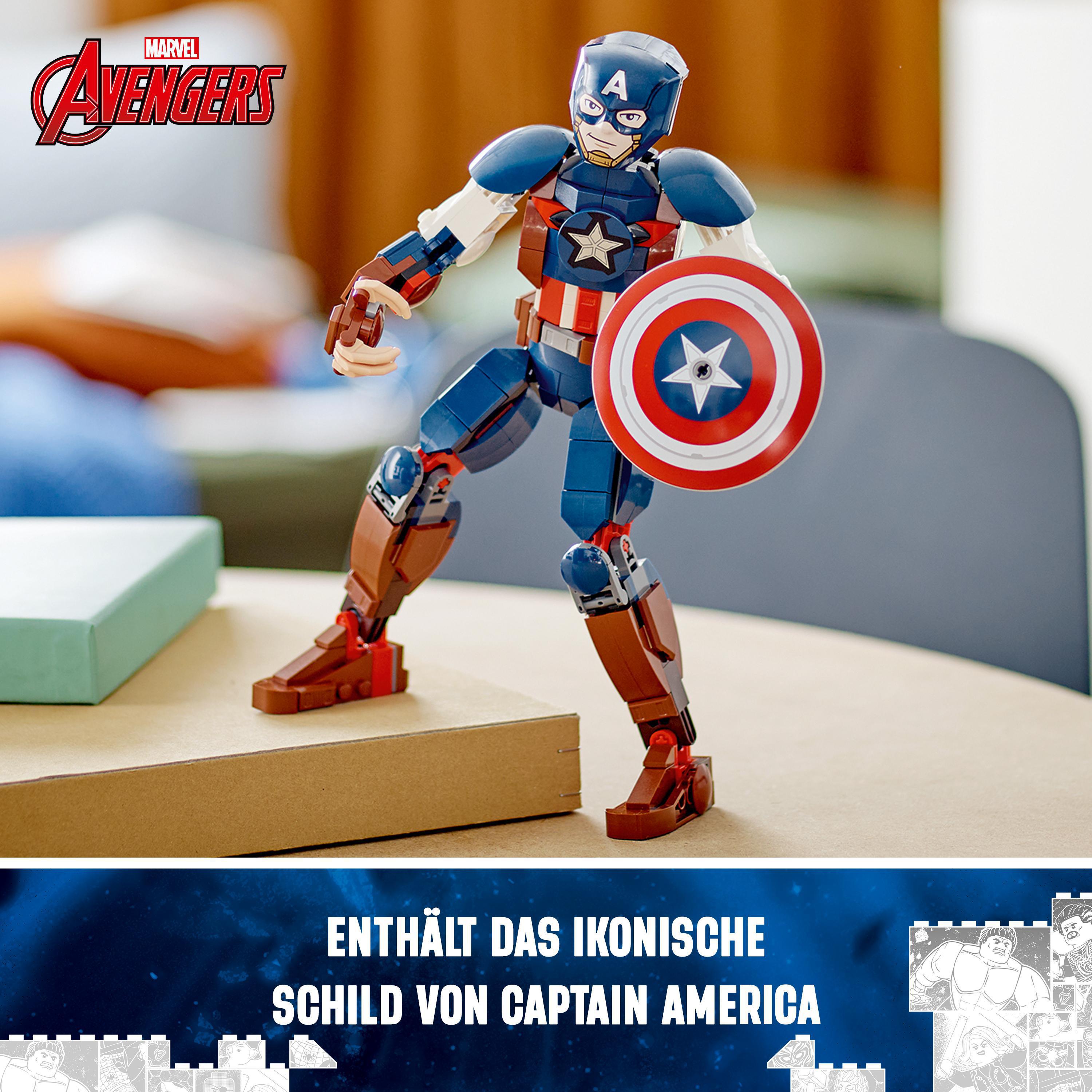 Lego Captain America Figur mit Schild, in dynamischer Pose.