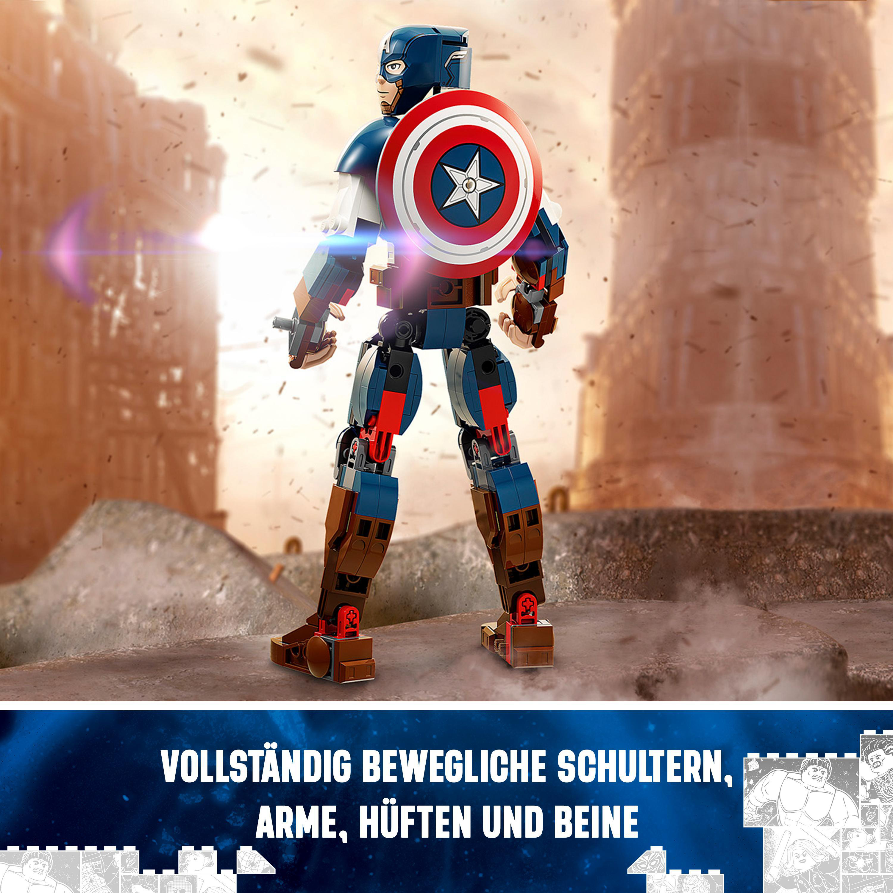Ein LEGO Captain America-Bau, mit Text unten auf Deutsch über bewegliche Arme und Beine.