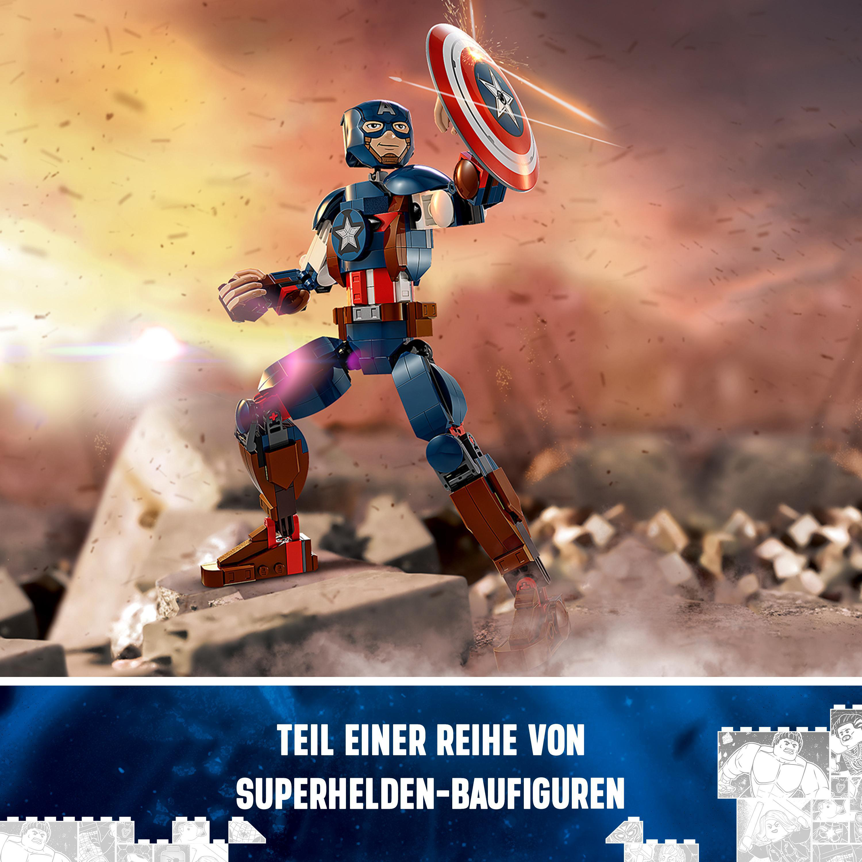 Lego Captain America Figur, in Actionpose, mit Schild, auf zerbrochener Oberfläche.