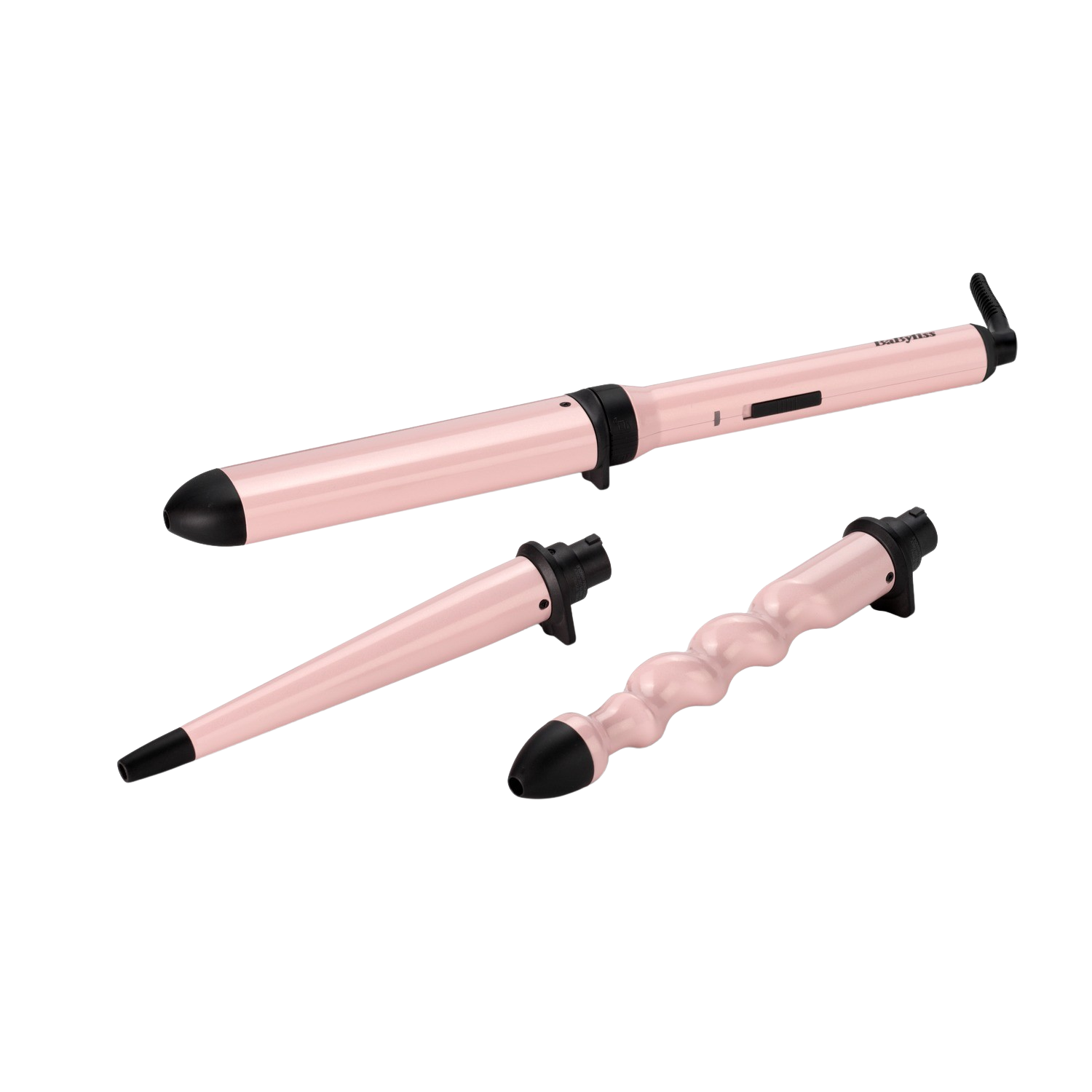 Haarstylingtools. Drie roze krultangen op een zwarte achtergrond.