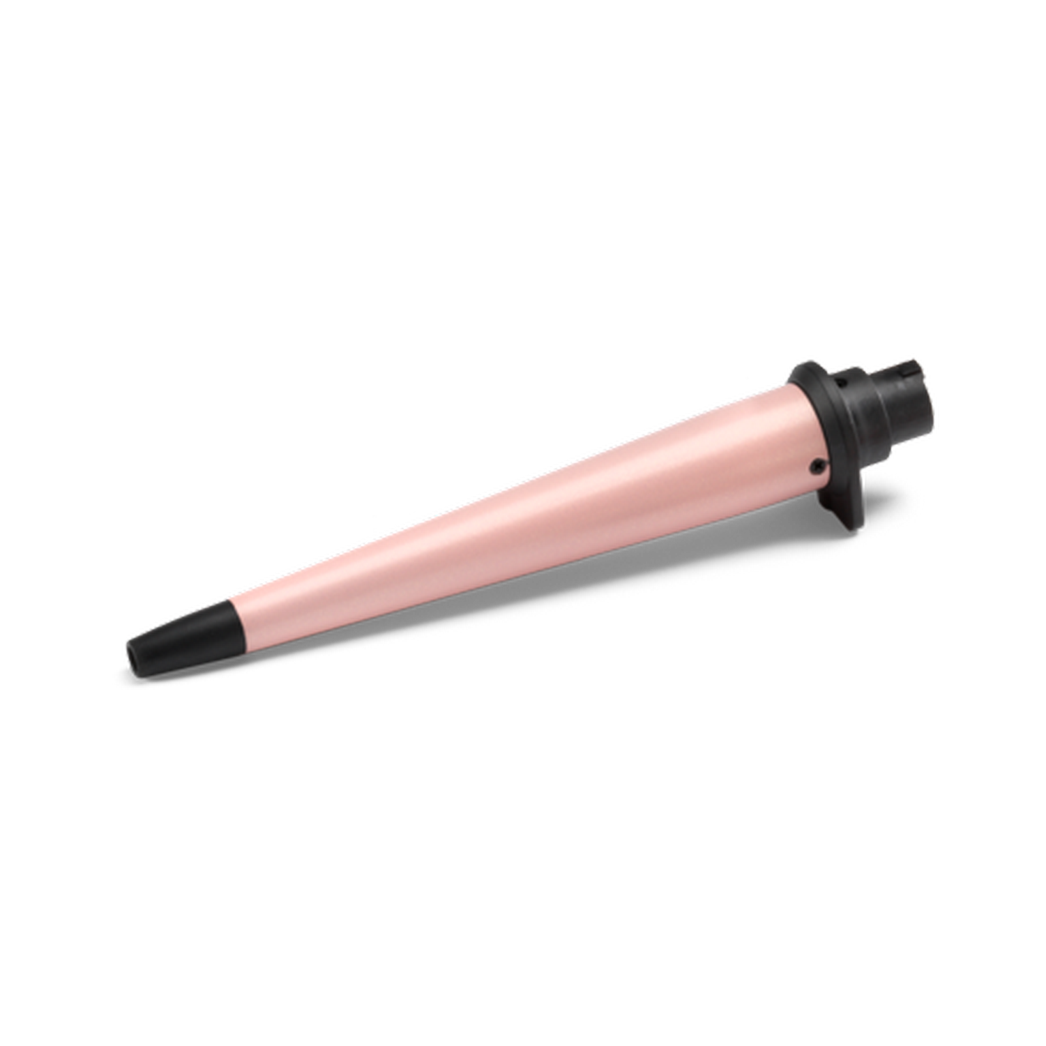 Haar krultang op zwarte achtergrond. Het krulgedeelte is roze en de handgreep is zwart.