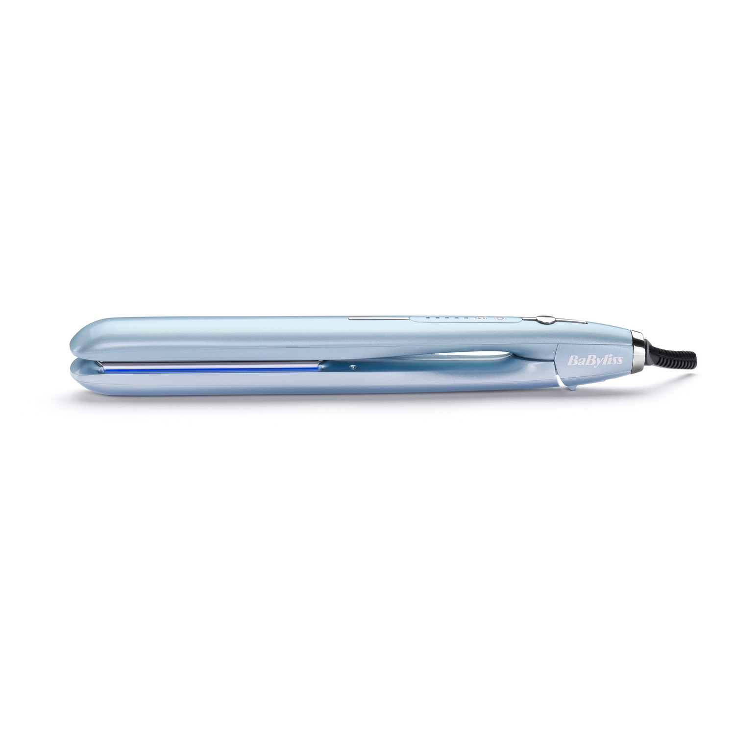 Blue hair straightener, side view, with a black cord, on a white background.
