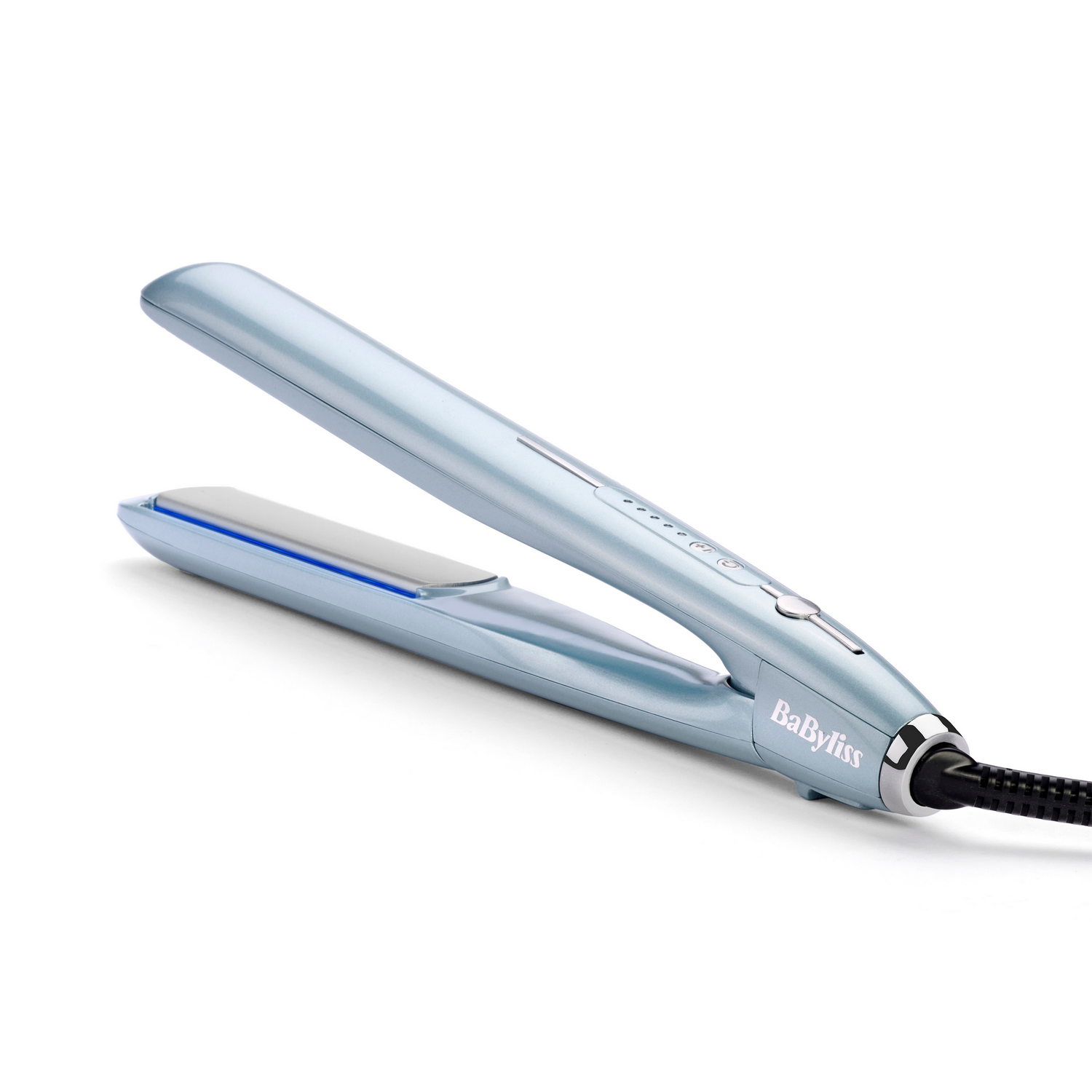 A blue and silver hair straightener on a white background.