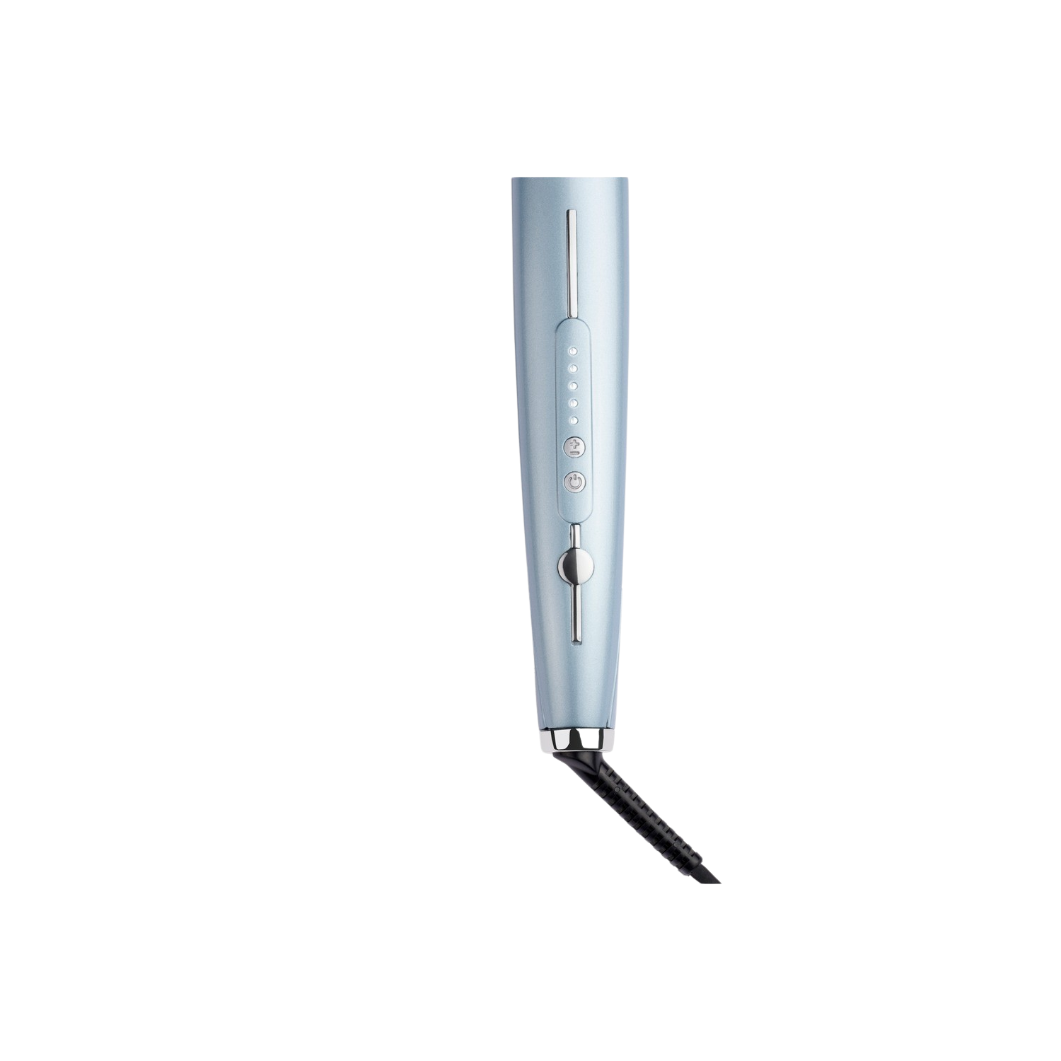 A light blue curling iron with black cord on a black background.