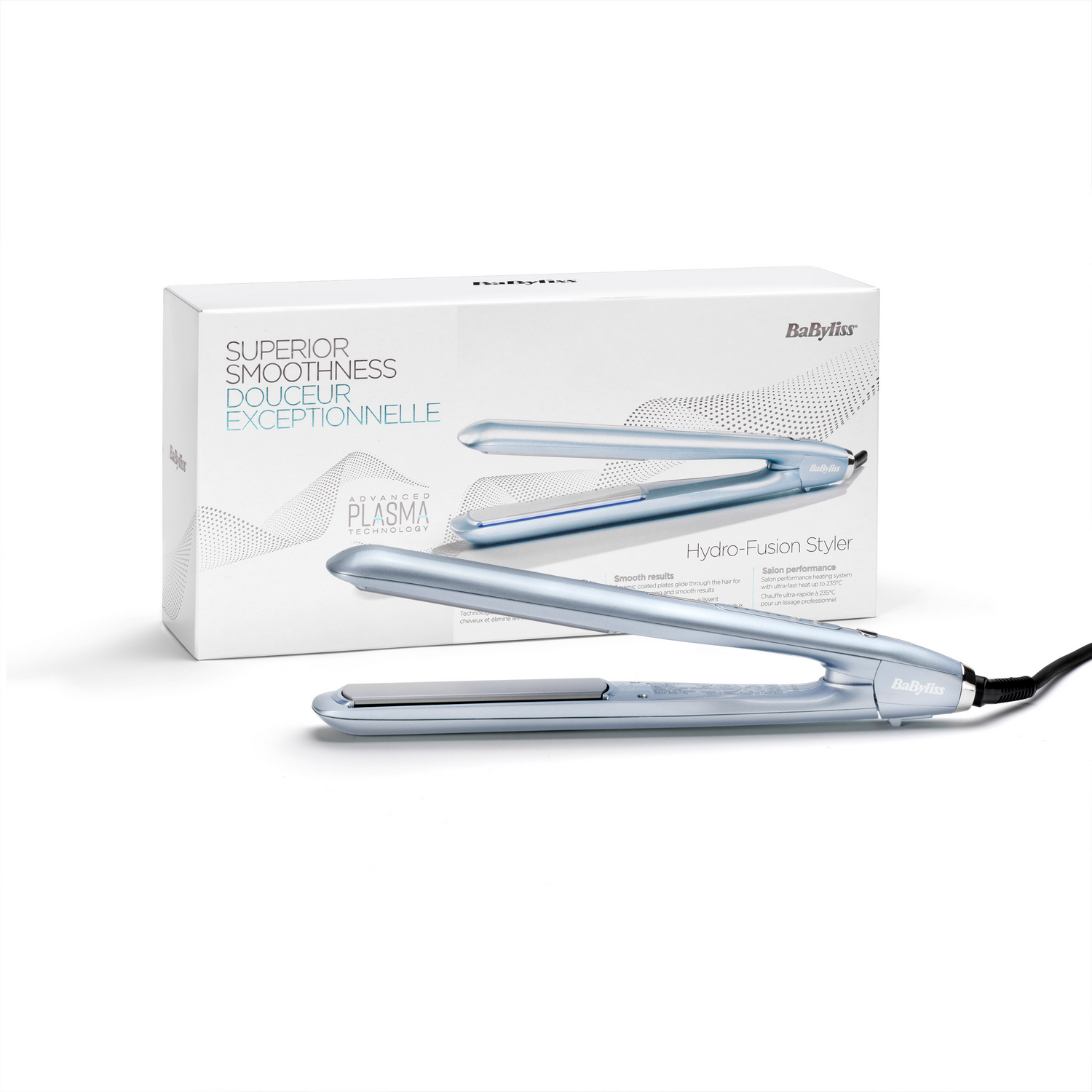 Hair straightener and its box. The straightener is light blue. The box has the brand name BabyLiss.