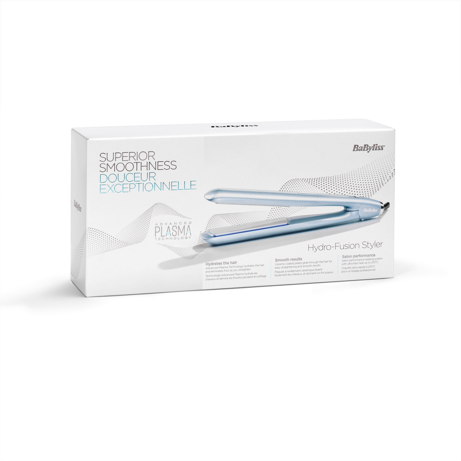 A white box with a hair straightener inside and text about its features.