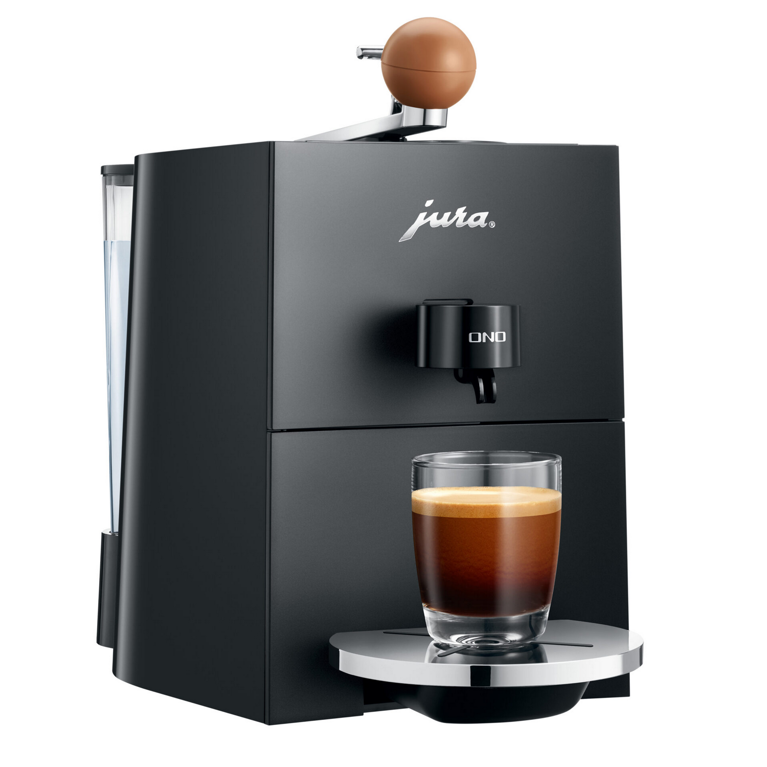 A black Jura ONO espresso machine with a glass of espresso on the side.