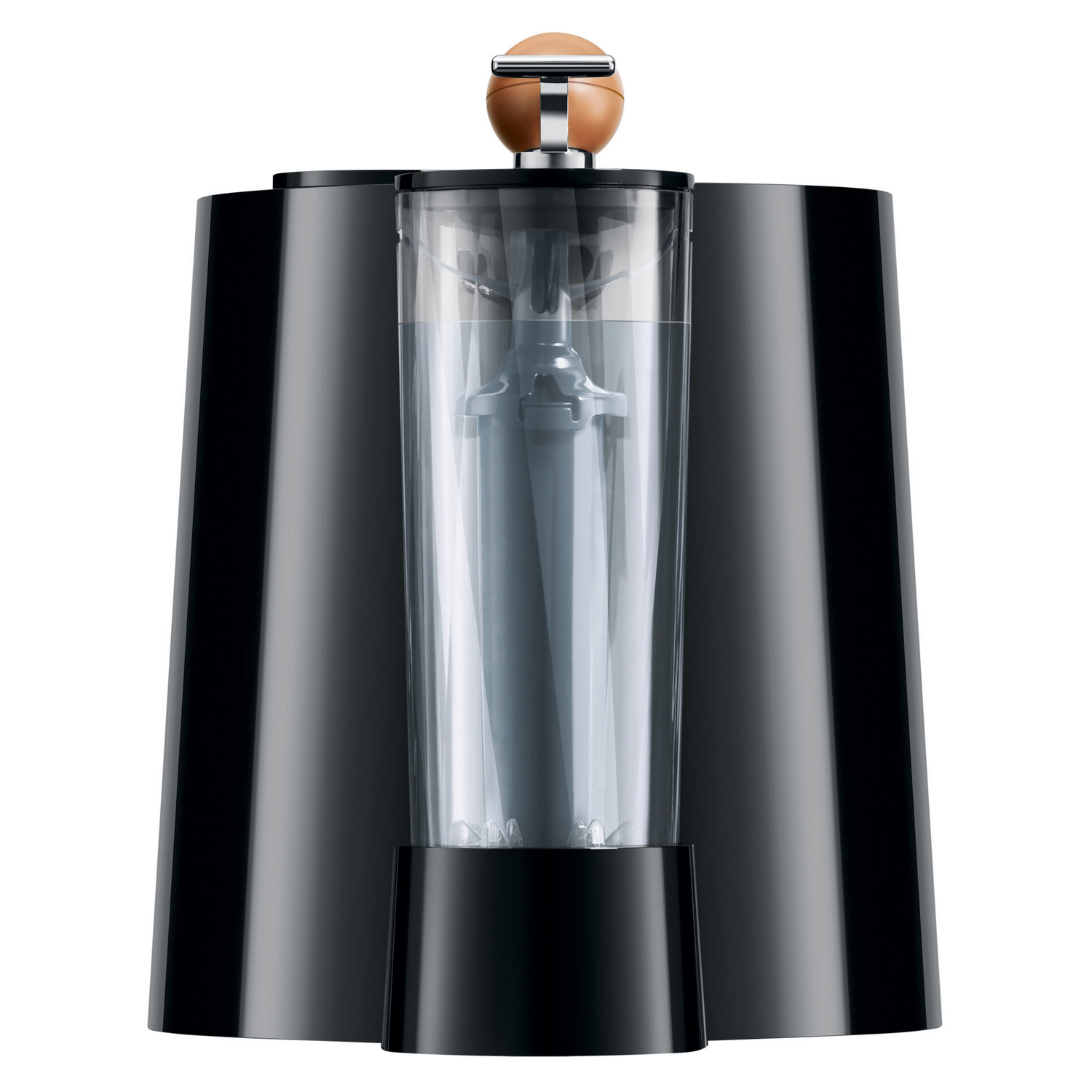 Black kitchen appliance with a glass cylinder holding water and a wooden top.