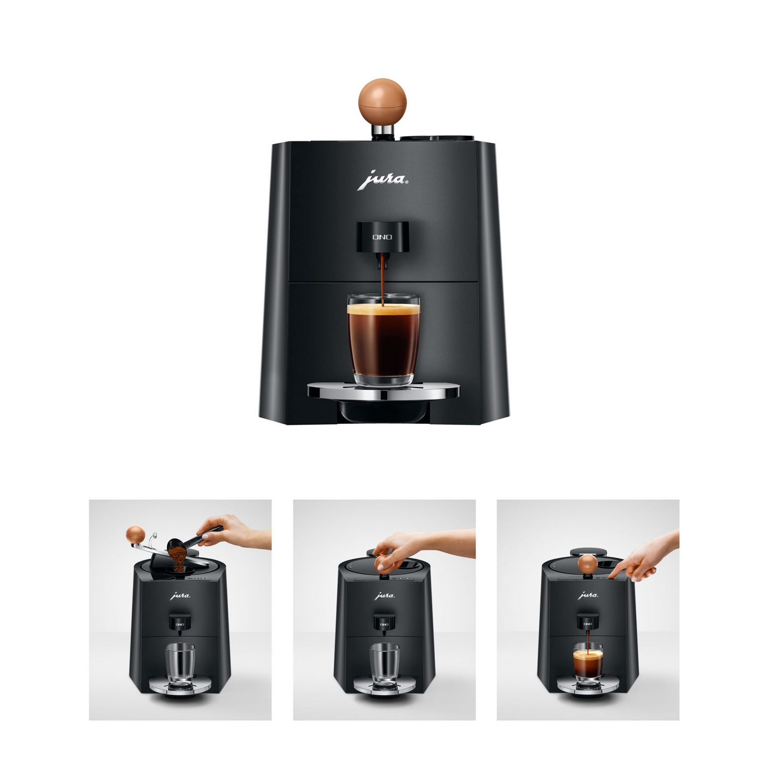 Black Jura espresso machine with a glass of espresso. Three additional images of use.