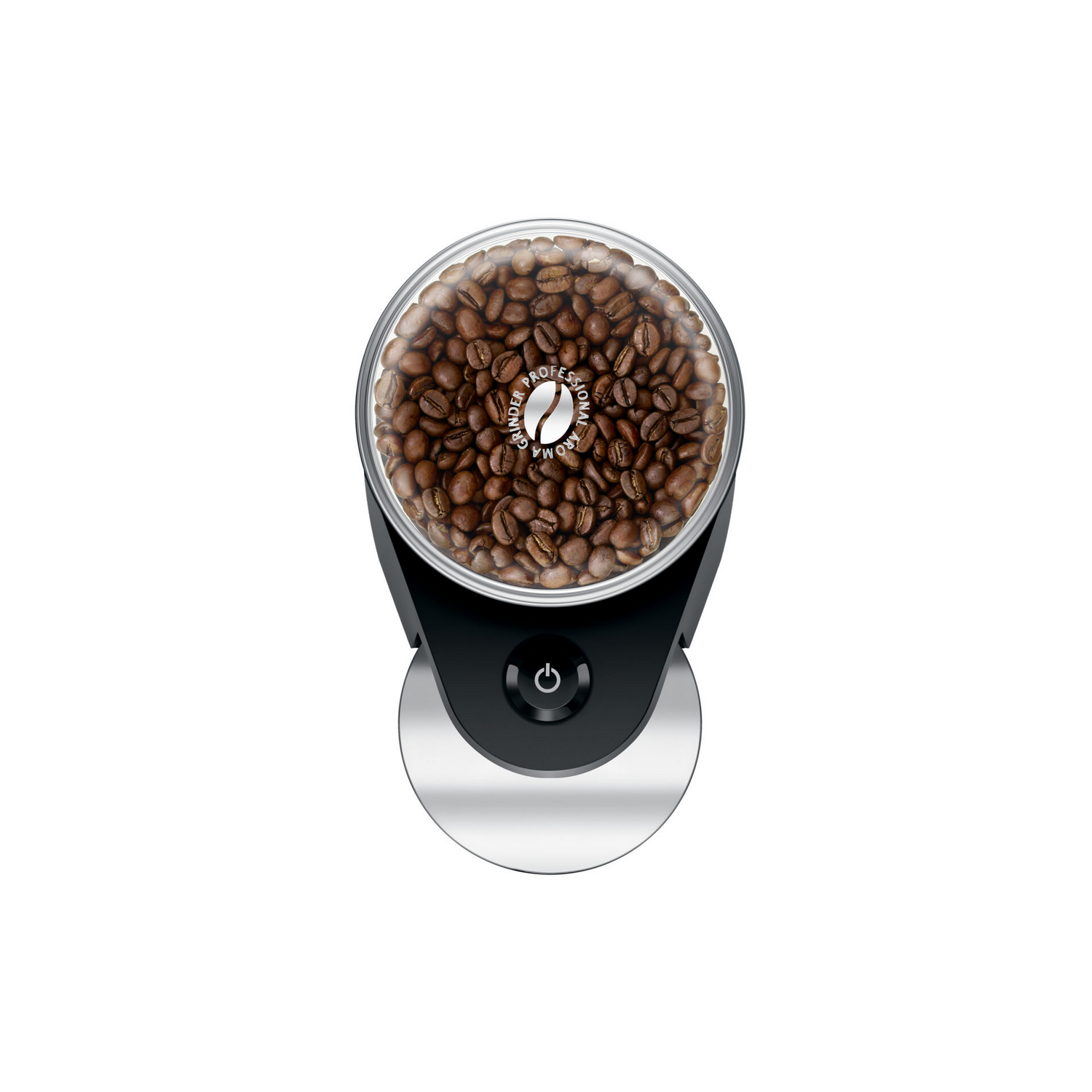 Top-down view of a black coffee grinder, filled with coffee beans, power button.