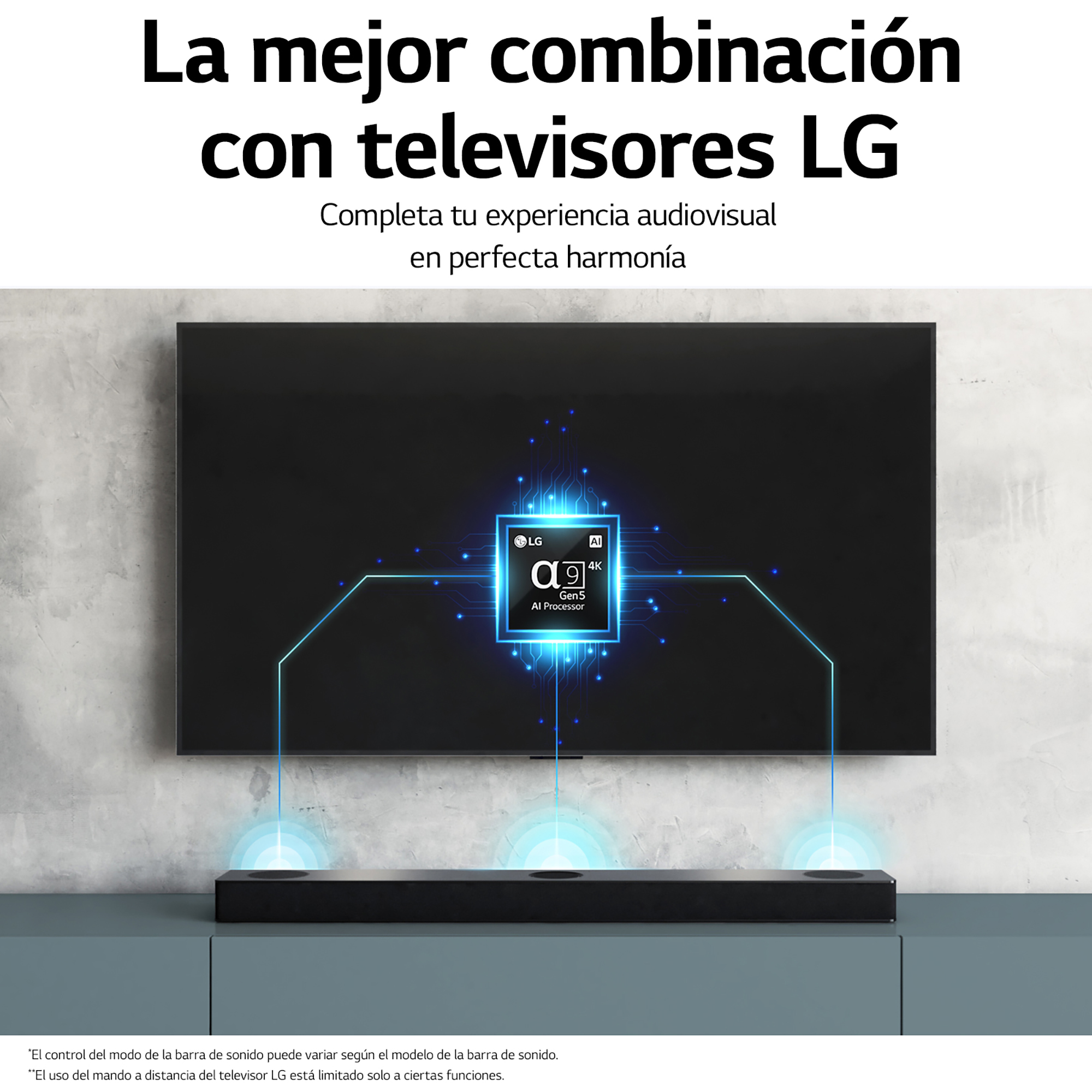 Un televisor negro con una barra de sonido y un gráfico del procesador LG AI.
