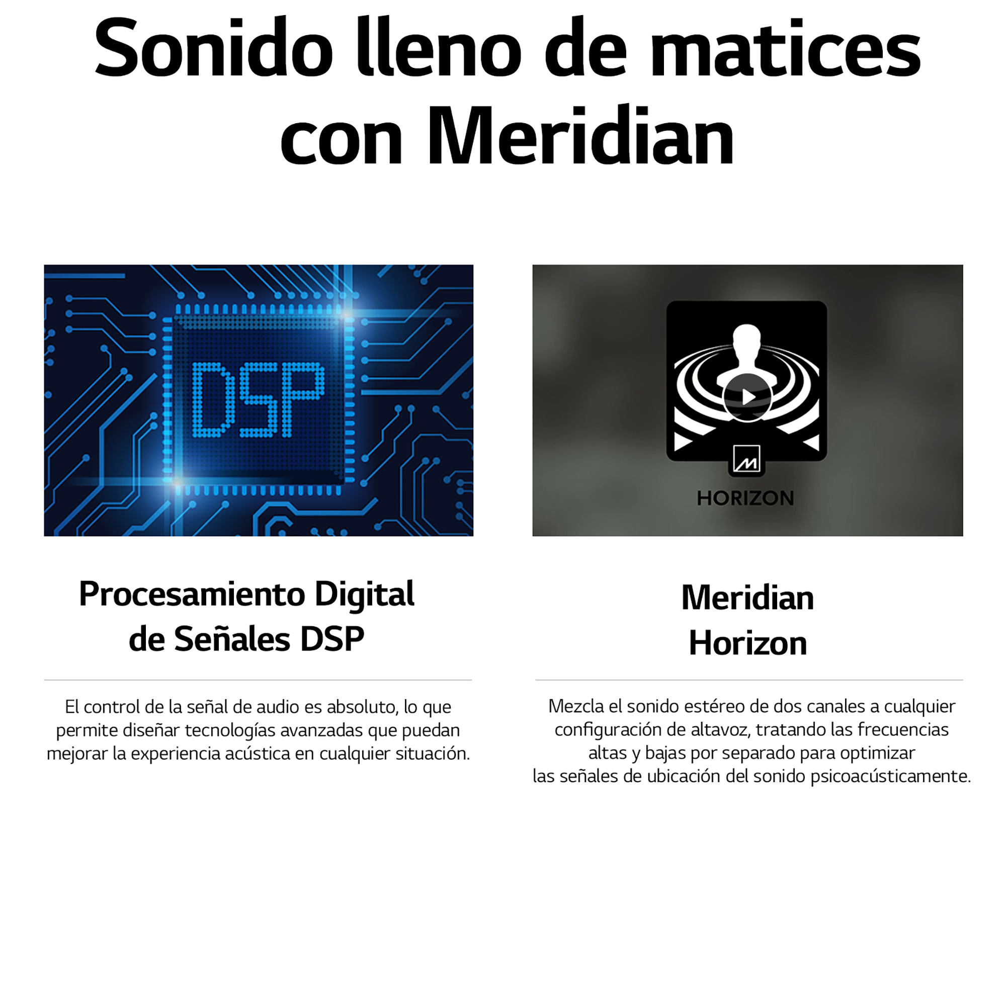 Dos imágenes que muestran el procesamiento de audio digital y el sistema de sonido Meridian Horizon.