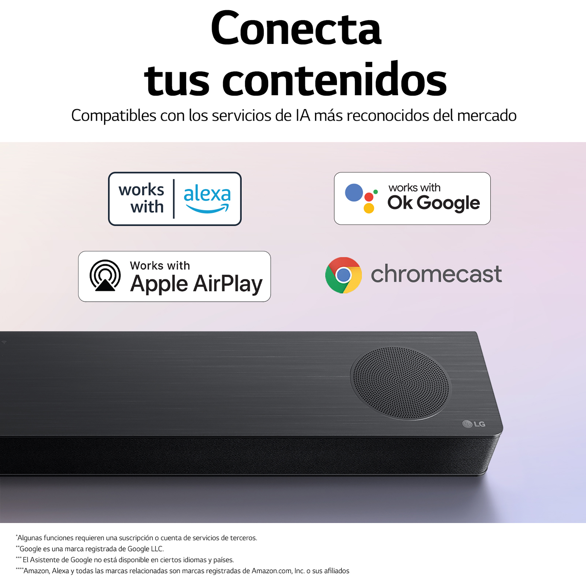 Una barra de sonido negra con logotipos de Alexa, Google y Apple. Texto: Conecta tu contenido.