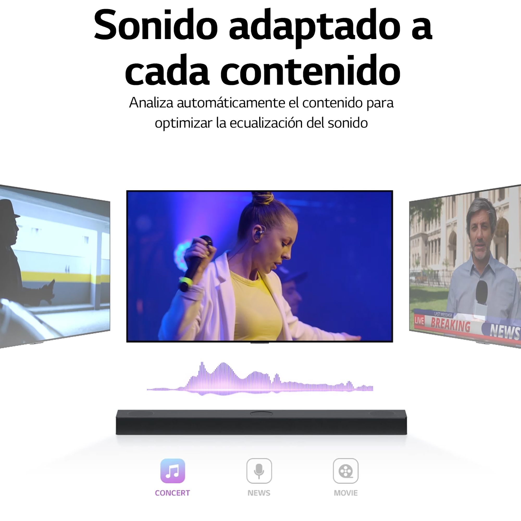 Tres pantallas mostrando contenido con una barra de sonido debajo e iconos de opciones.