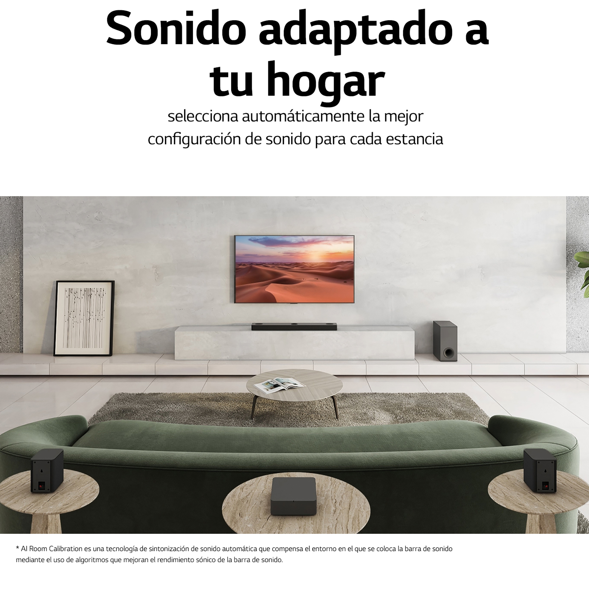 Salón con TV, barra de sonido y altavoces. Texto dice 'sonido adaptado para tu hogar'.