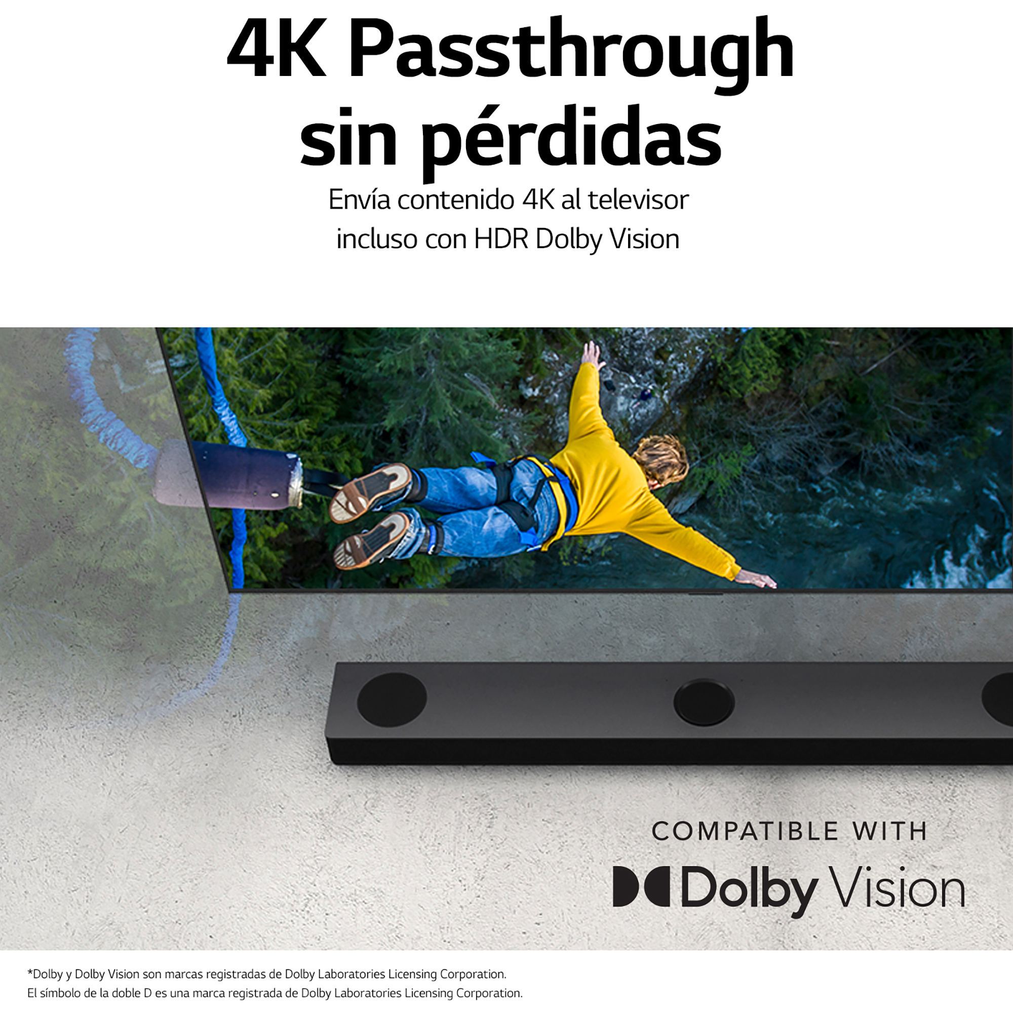 Una persona haciendo paracaidismo. Texto: 4K Passthrough. El contenido se envía al televisor, incluido HDR Dolby Vision.