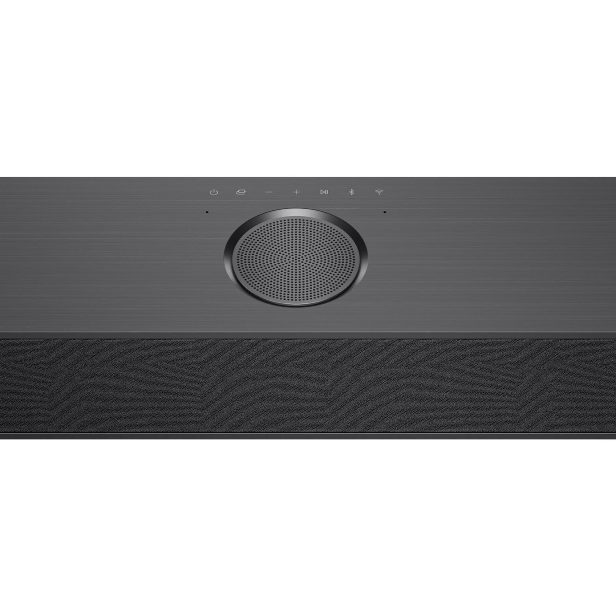 Una barra de sonido negra con un altavoz circular y botones de control.