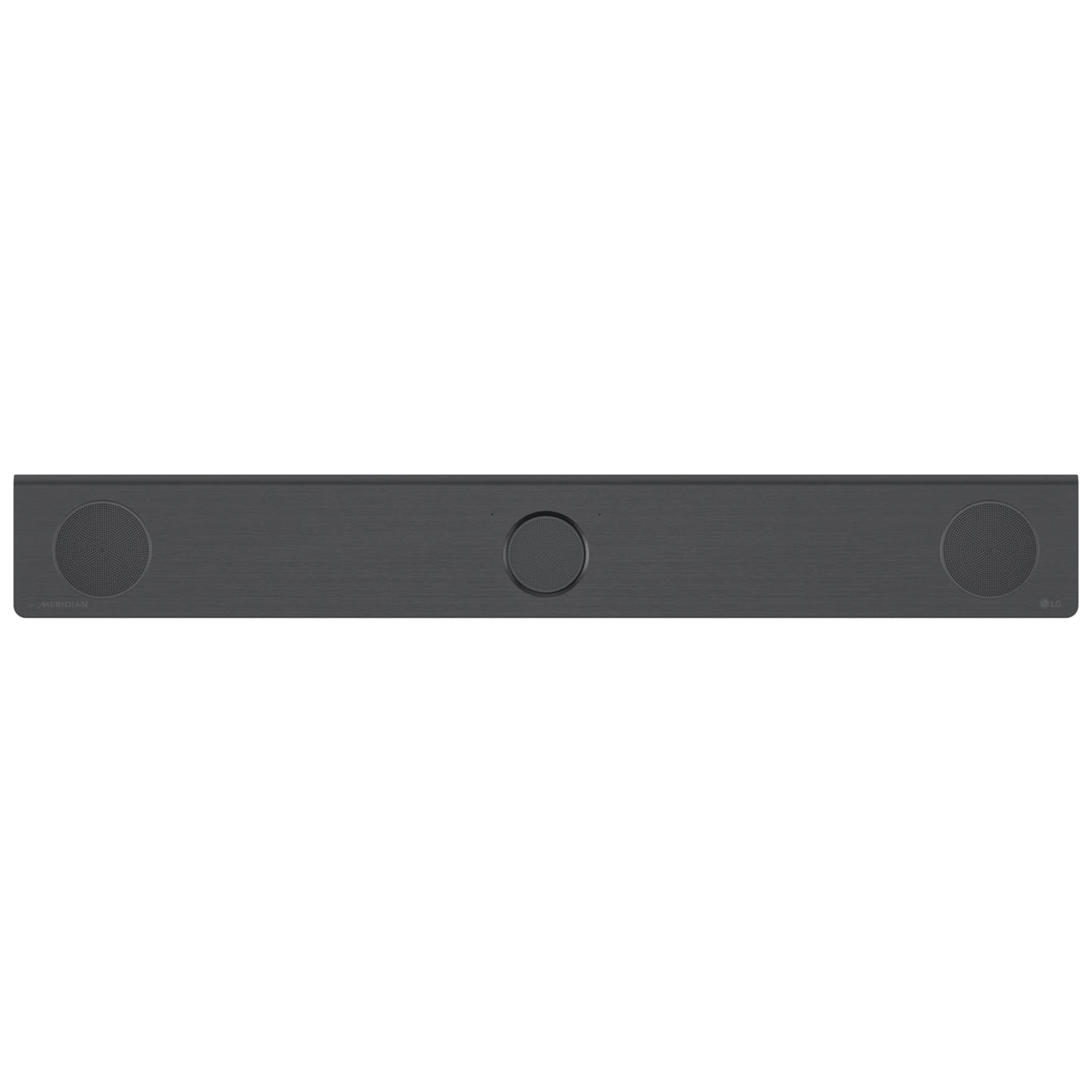 Barra de sonido gris oscuro. Es larga y rectangular. Tiene altavoces en cada extremo.