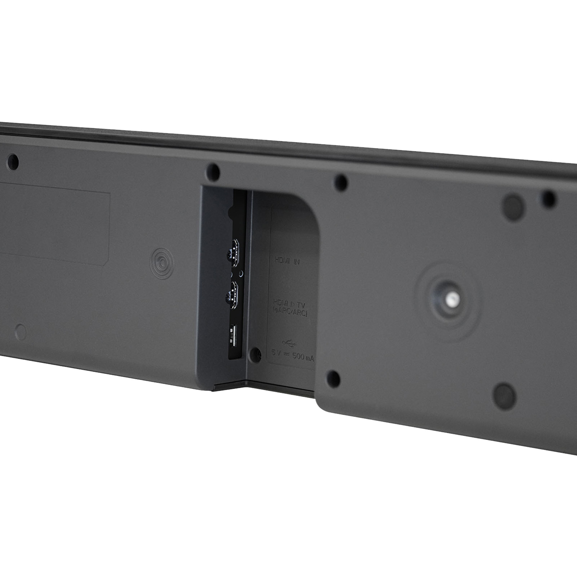 Parte trasera de una barra de sonido gris oscuro con varios puertos y conectores.