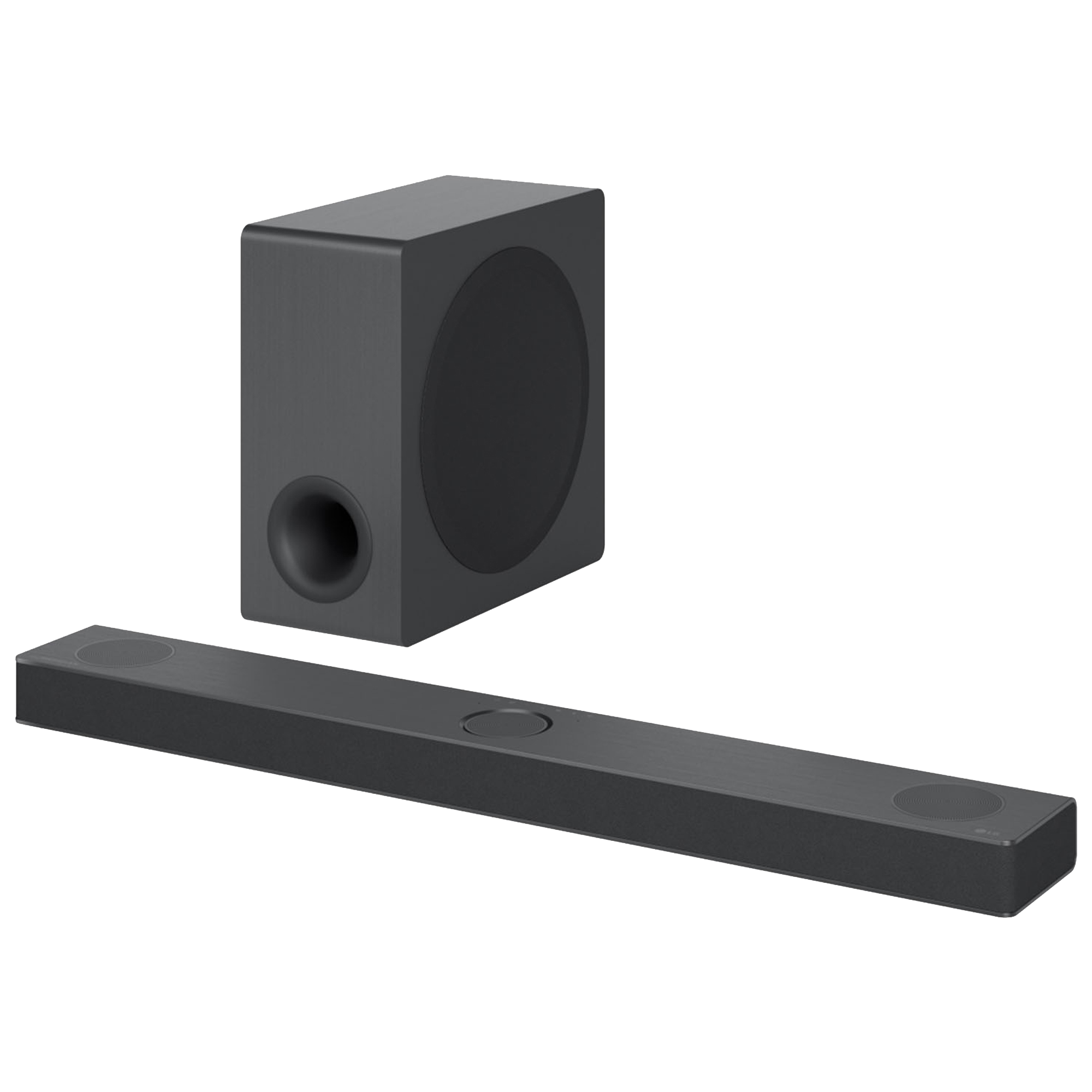 Barra de sonido y subwoofer gris oscuro sobre fondo negro.