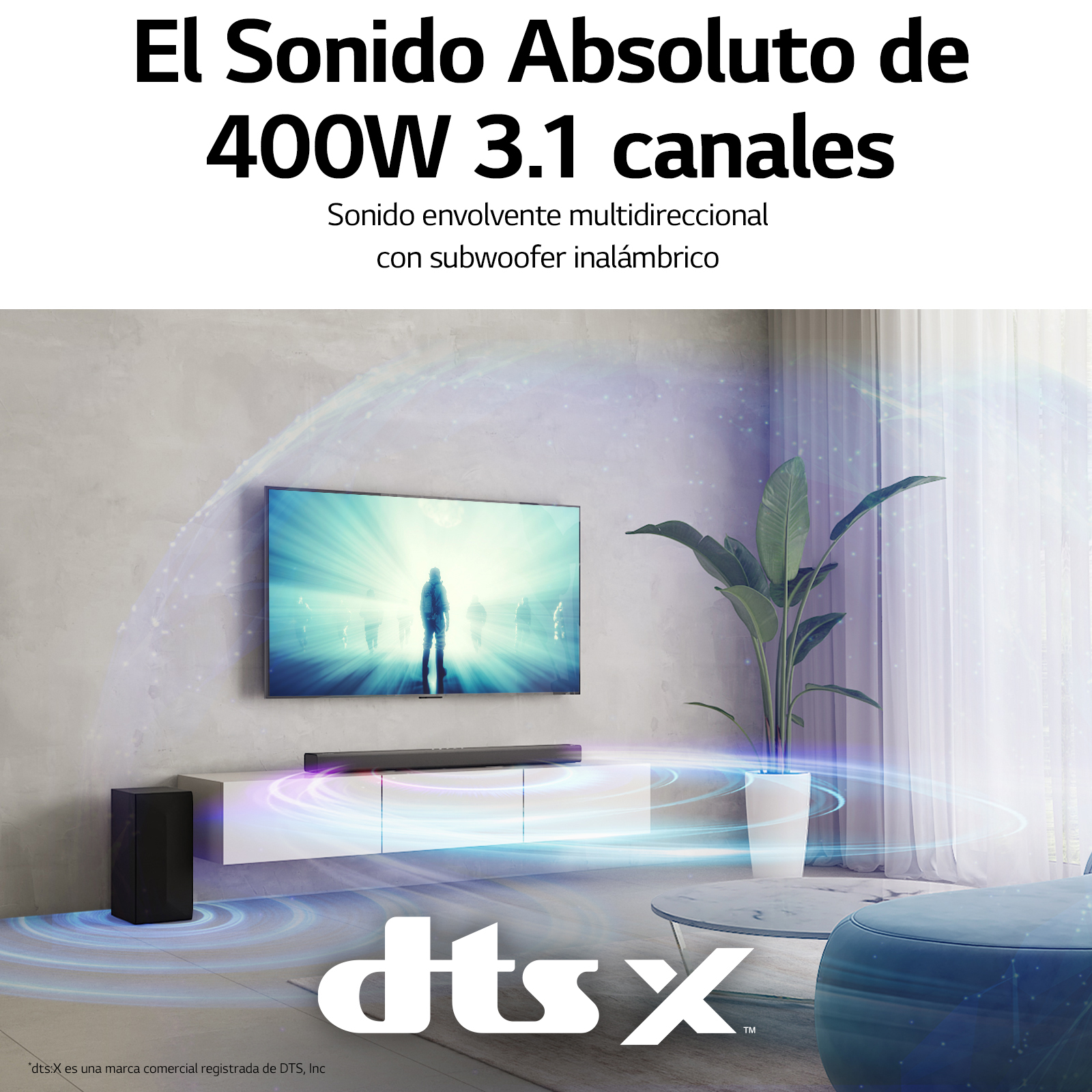 Una configuración de cine en casa con TV, barra de sonido y subwoofer. Se muestran las ondas de sonido.