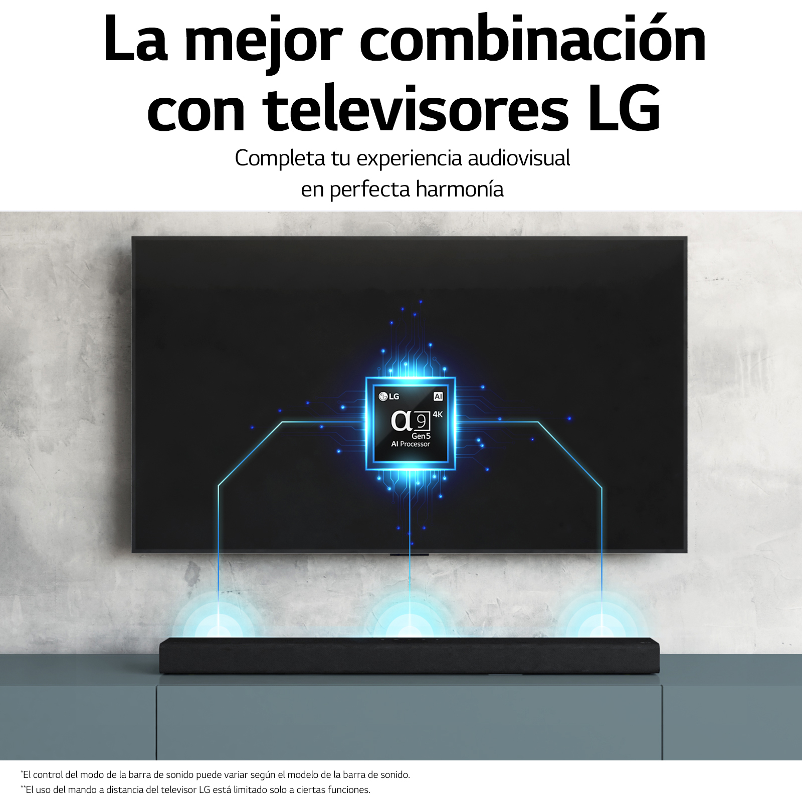 Configuración de TV y barra de sonido LG. Texto: 'La mejor combinación con televisores LG'.