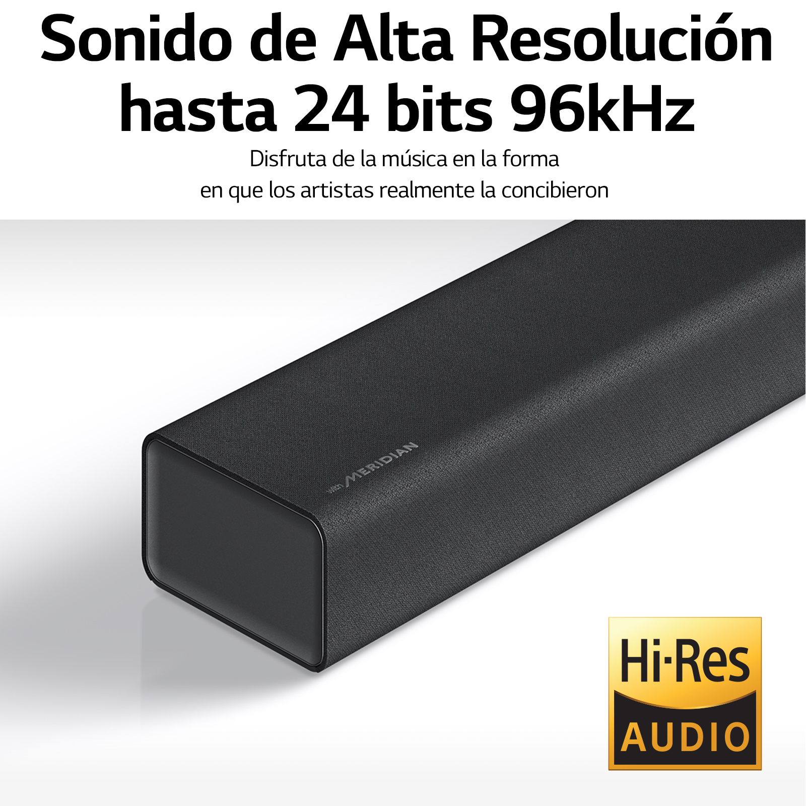 Una barra de sonido negra con el logotipo de Hi-Res Audio. Tiene el texto 'Sonido de alta resolución hasta 24 bits 96kHz'.