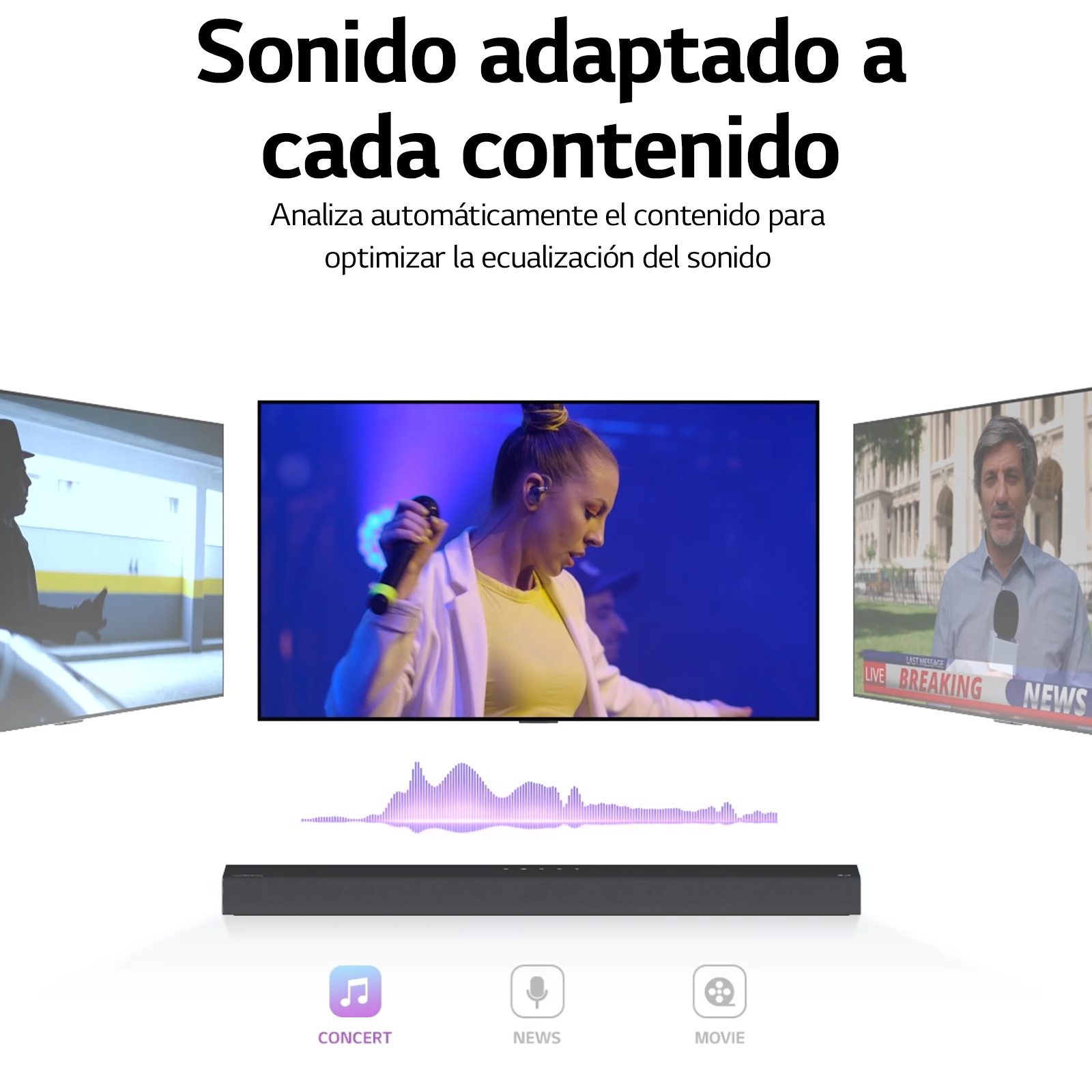 Una barra de sonido con tres pantallas detrás que muestran diferentes medios. Iconos abajo.
