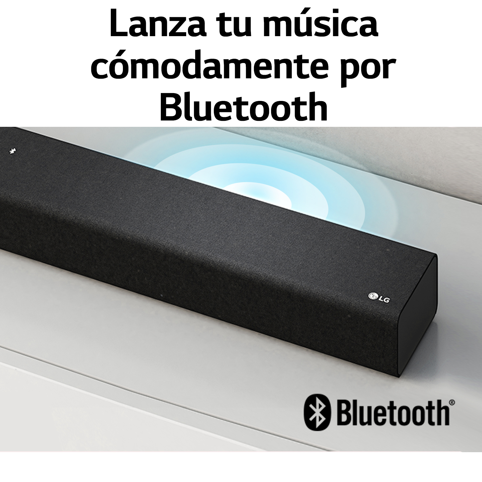 Barra de sonido LG negra con texto Bluetooth en español y una superficie blanca.