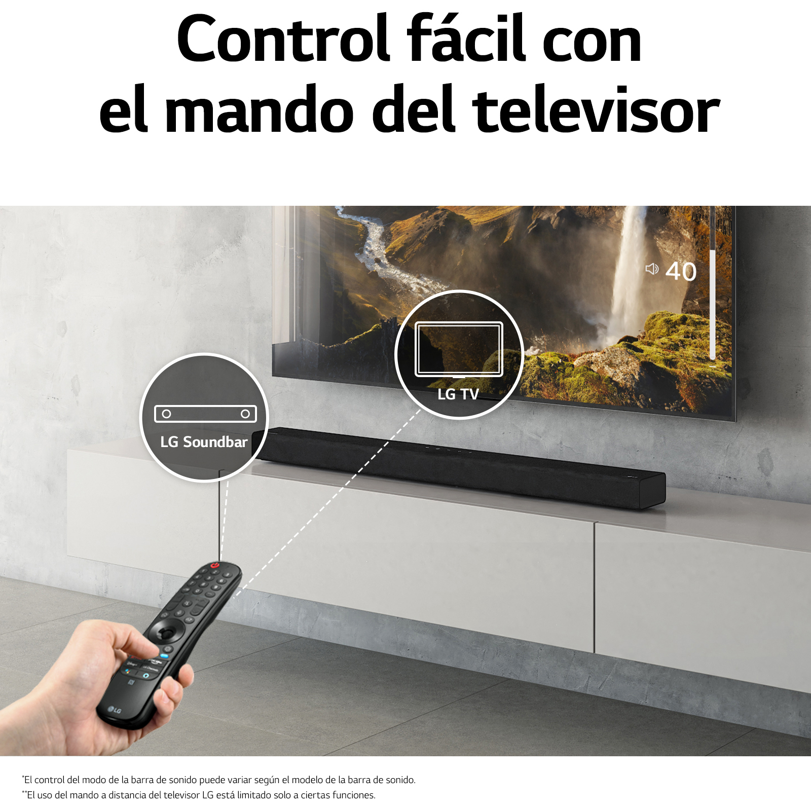 TV LG, barra de sonido y mando a distancia. Texto español sobre el control.