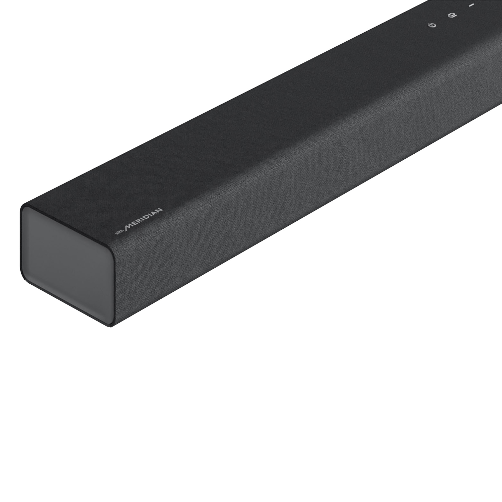 Barra de sonido negra con marca Meridian. Vista en ángulo.