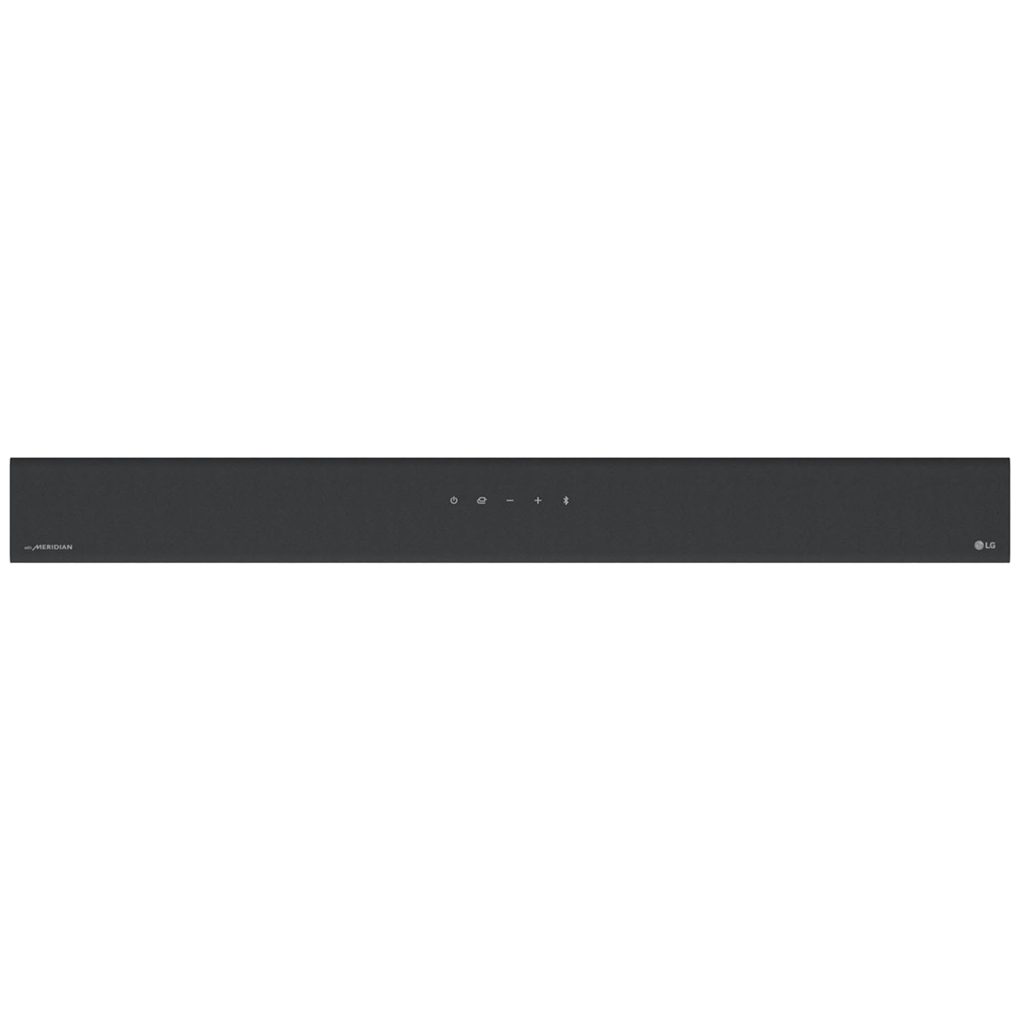 Una barra de sonido LG negra y delgada aislada sobre fondo blanco.
