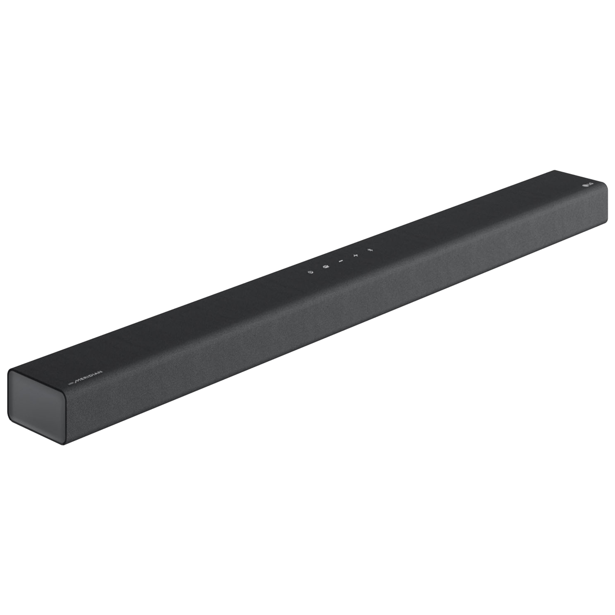 Una barra de sonido larga y negra con el logotipo de LG plateado en la parte inferior izquierda.