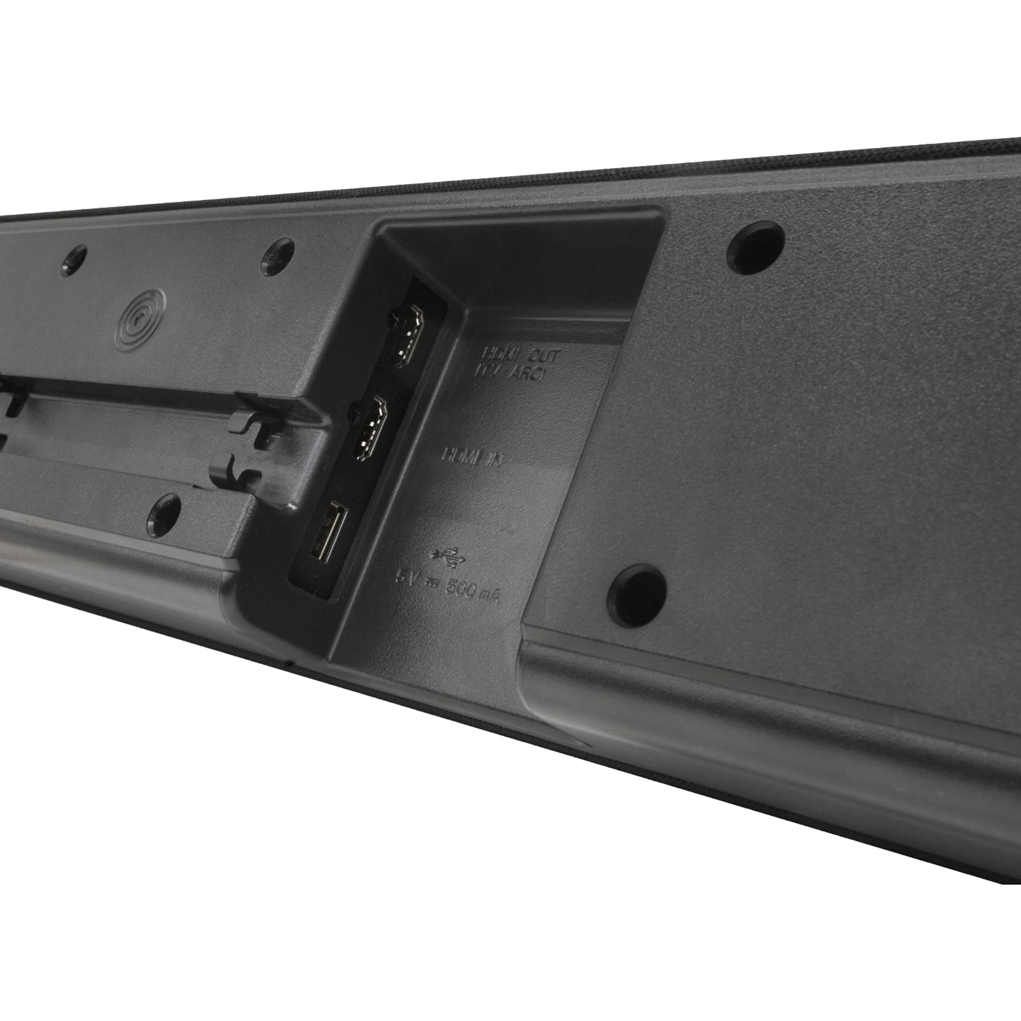 Vista trasera de una barra de sonido negra con puertos: HDMI IN, HDMI OUT, USB y alimentación.