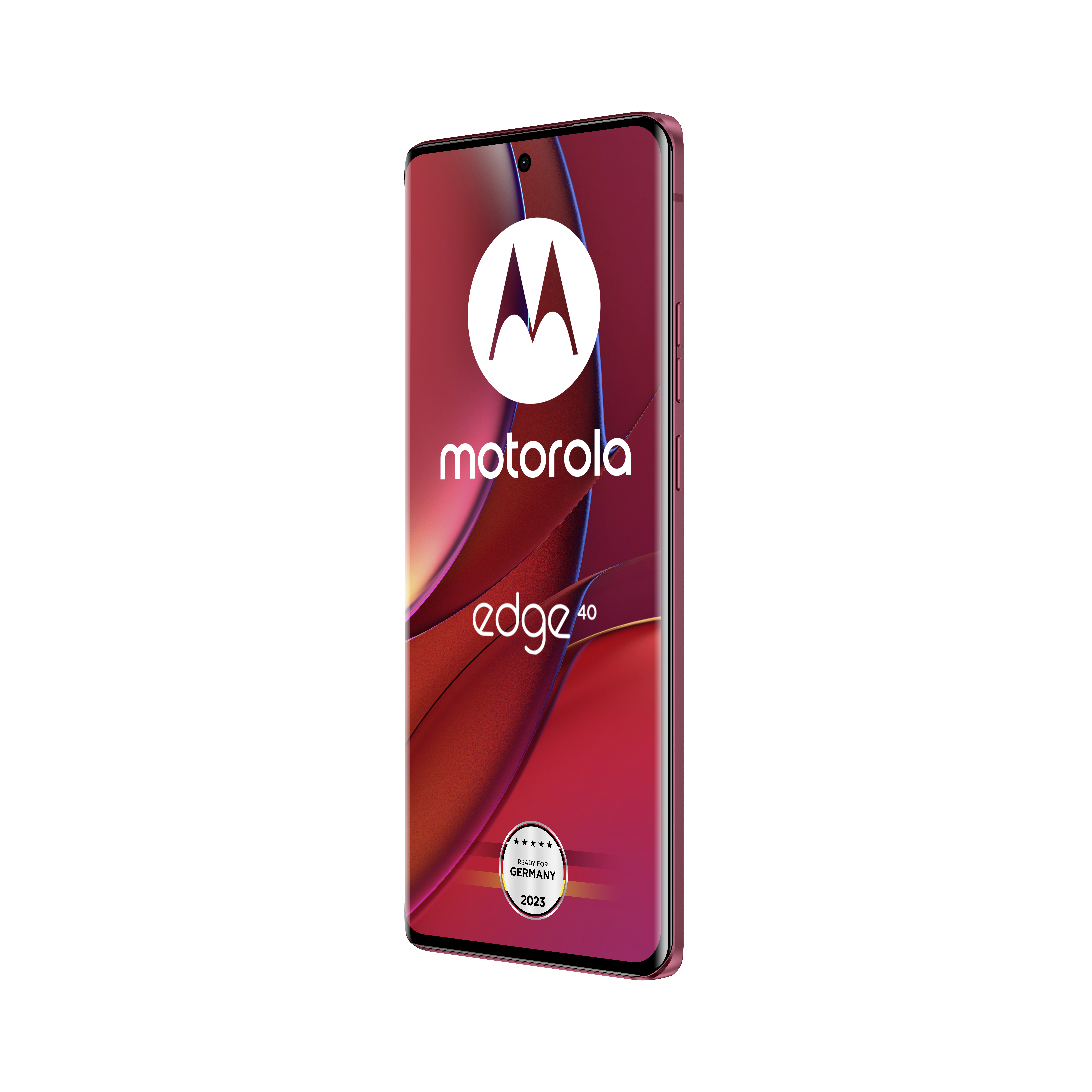 Motorola Edge 40 Smartphone. Weinrot mit gebogenem Bildschirm. Das Telefon ist schräg zu sehen.
