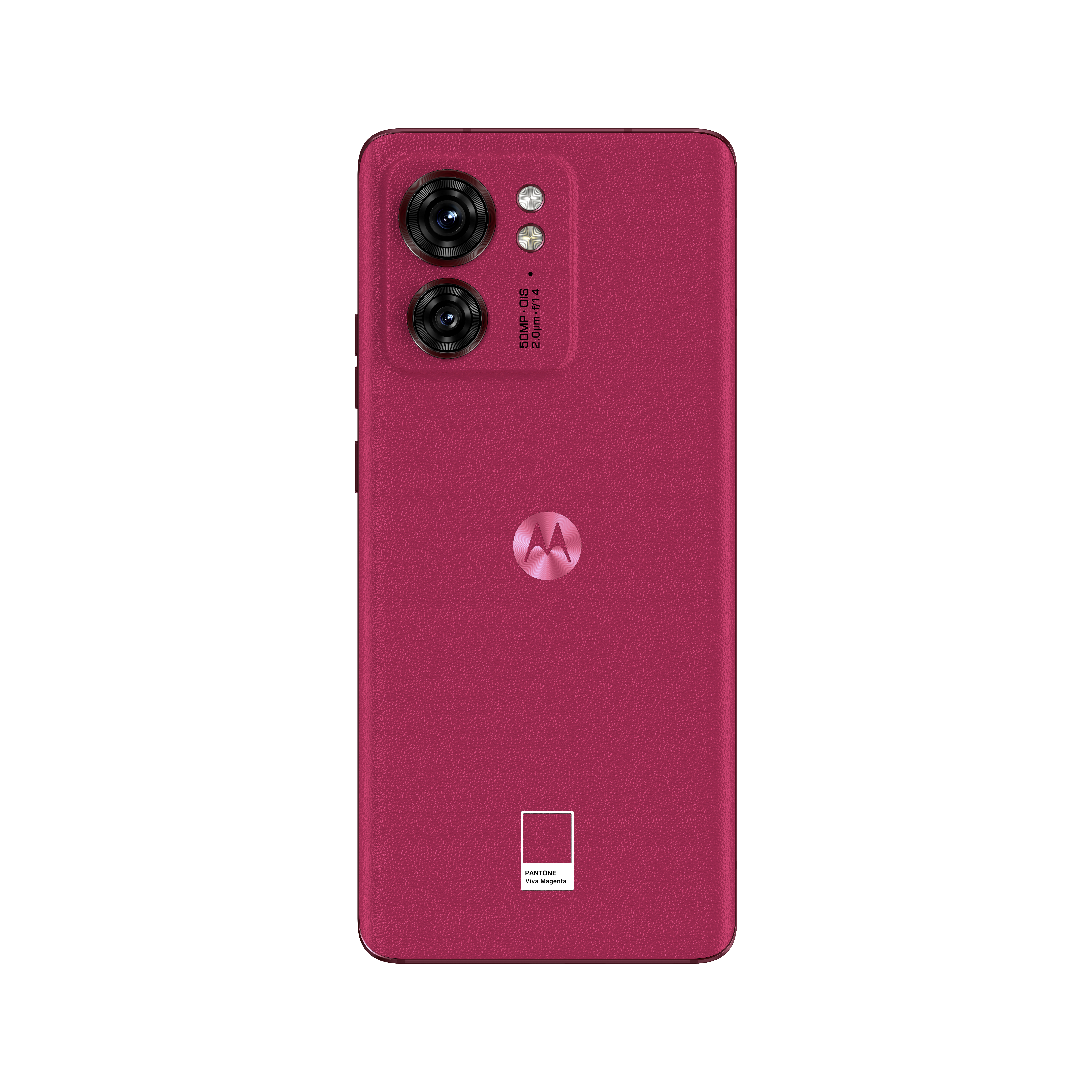 Ein magenta Smartphone mit zwei Rückkameras, einer Frontkamera und einem Motorola-Logo.