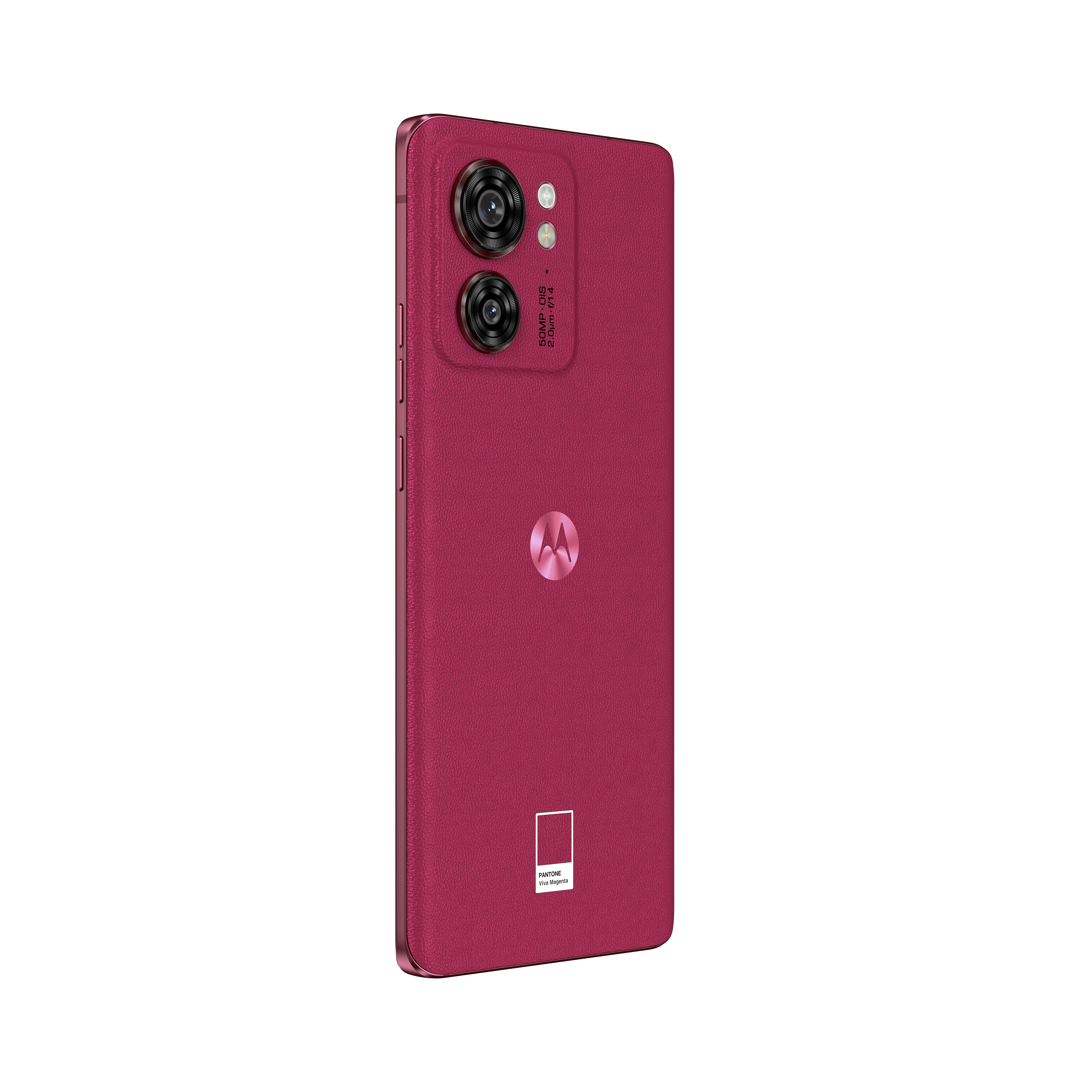 Rosa Motorola-Telefon mit strukturierter Rückseite und zwei Kameras. Das Logo ist in der Mitte.