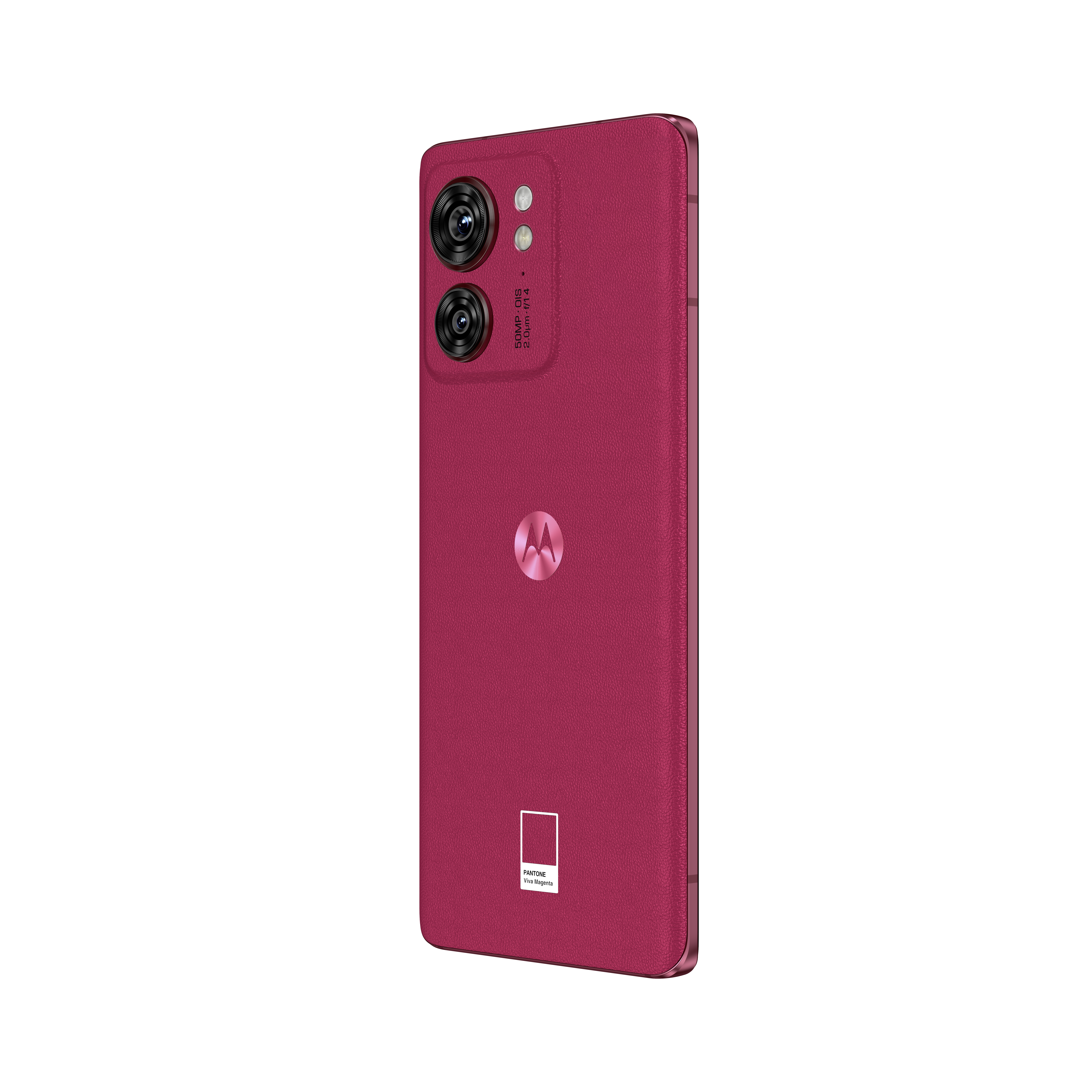 Ein pinkfarbenes Motorola-Telefon mit Doppelkamera und Motorola-Logo auf der Rückseite.