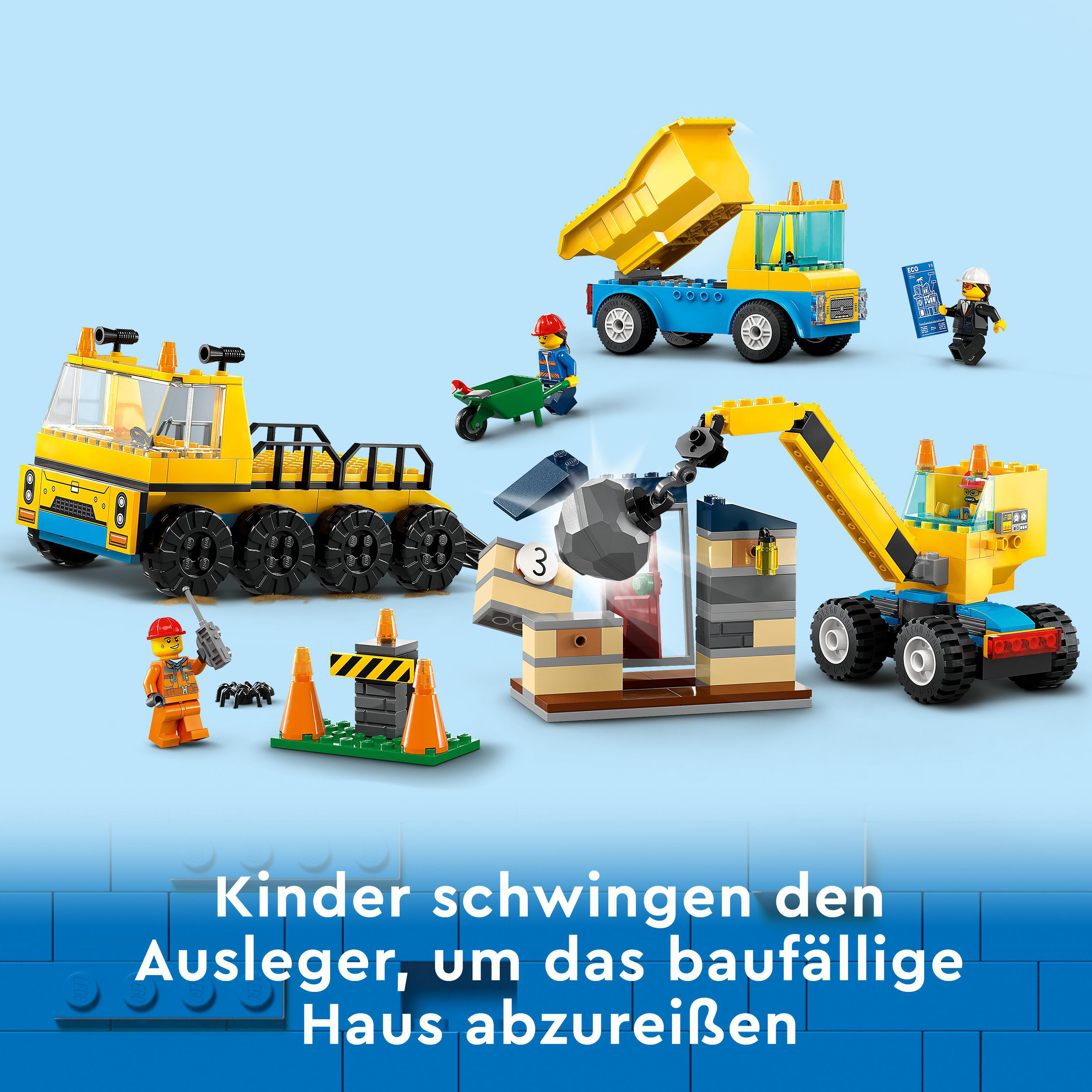 LEGO City 60391 Kran Mehrfarbig und Bausatz, Abrissbirne mit Baufahrzeuge