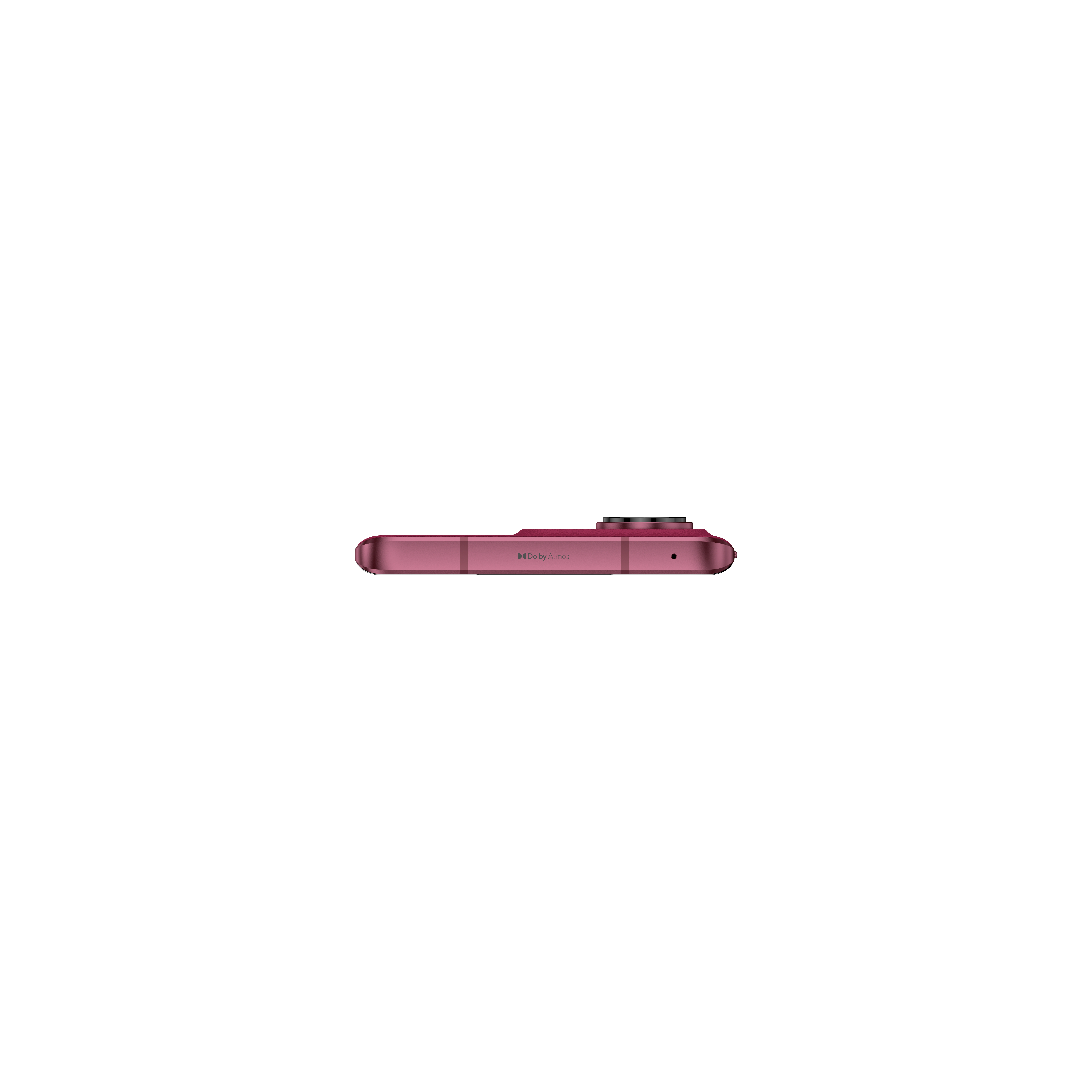 Draufsicht auf ein pinkfarbenes Smartphone mit Kamera und Dolby Audio Logo.